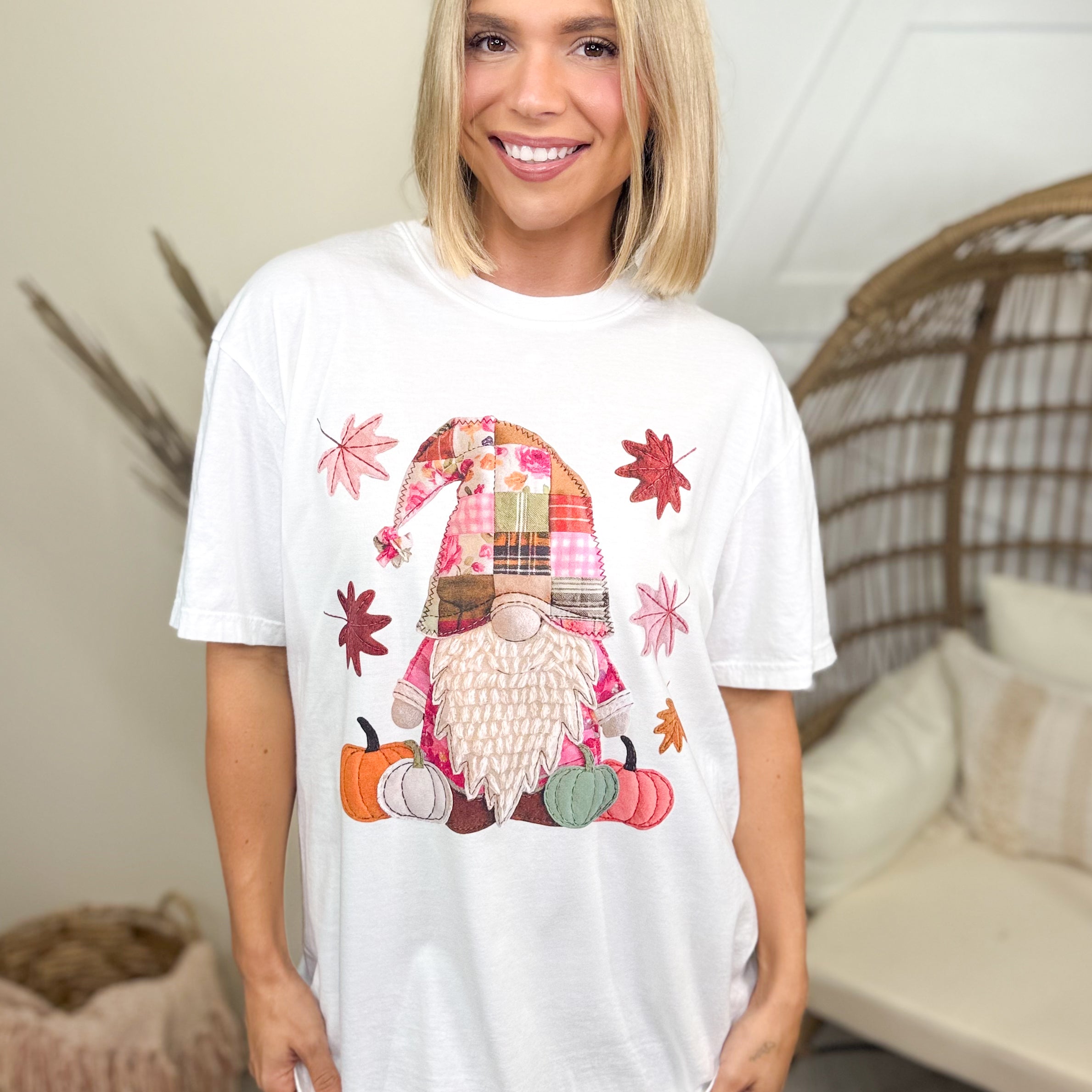 Patchwork Fall Gnome Graphic Tee-130 Graphic Tees-Heathered Boho-Heathered Boho Boutique, Women's Fashion and Accessories in Palmetto, FL