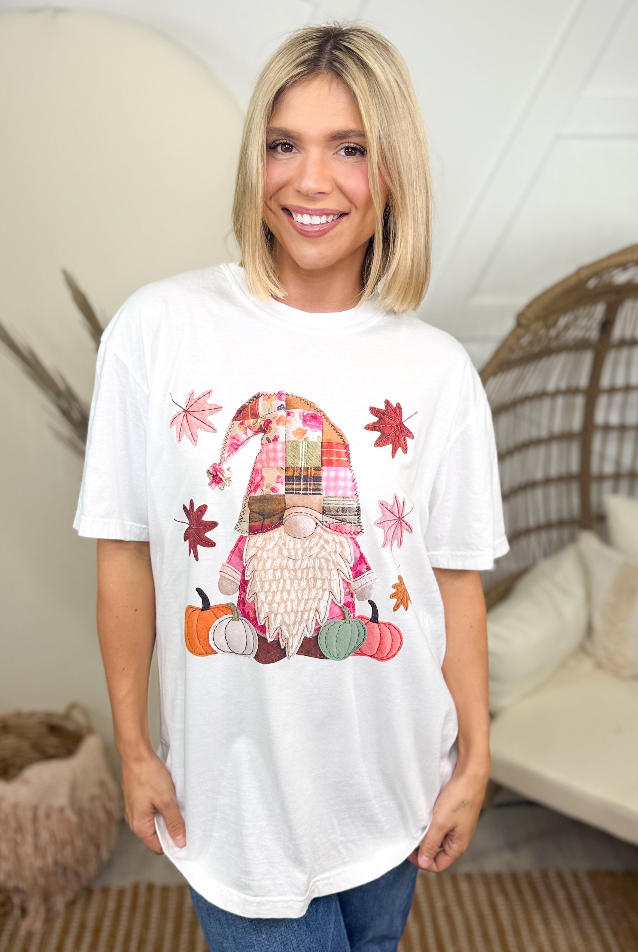 Patchwork Fall Gnome Graphic Tee-130 Graphic Tees-Heathered Boho-Heathered Boho Boutique, Women's Fashion and Accessories in Palmetto, FL