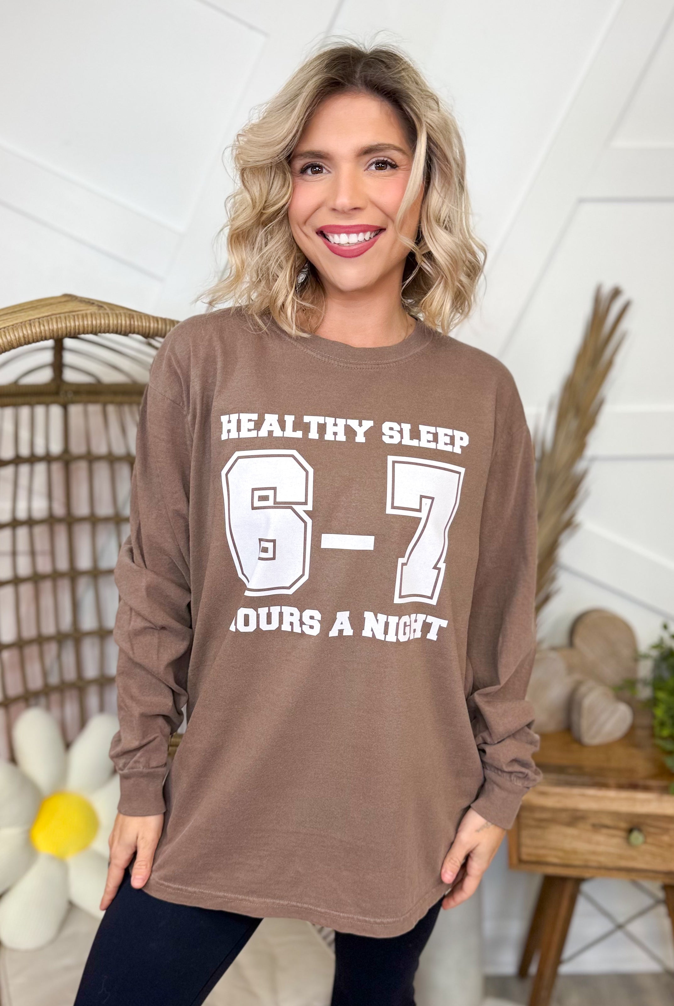 Healthy Sleep Graphic Long Sleeve-130 Graphic Tees-Heathered Boho-Heathered Boho Boutique, Women's Fashion and Accessories in Palmetto, FL