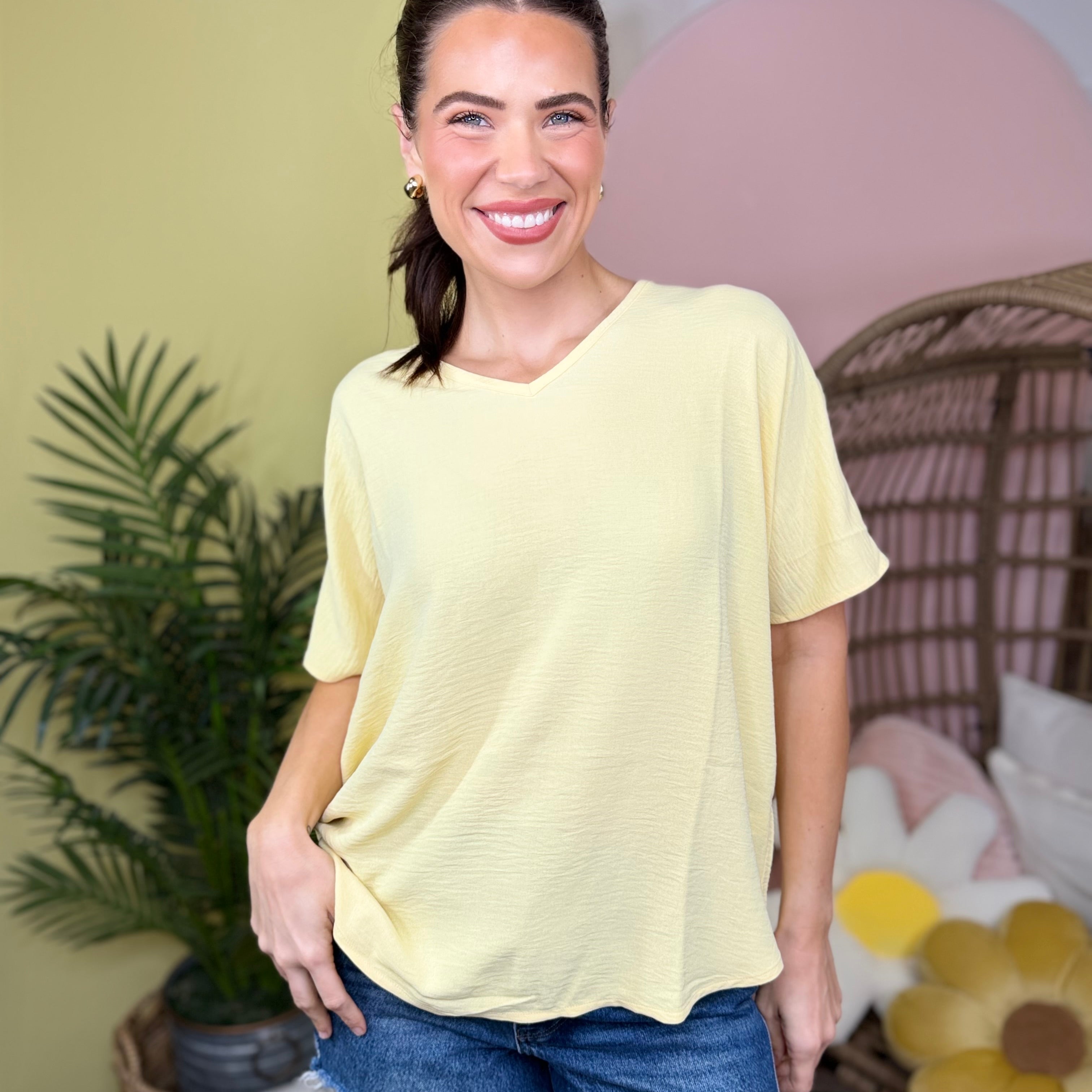 Breezy Days V-Neck Top-110 SHORT SLEEVE TOP-ZENANA-Heathered Boho Boutique, Women's Fashion and Accessories in Palmetto, FL