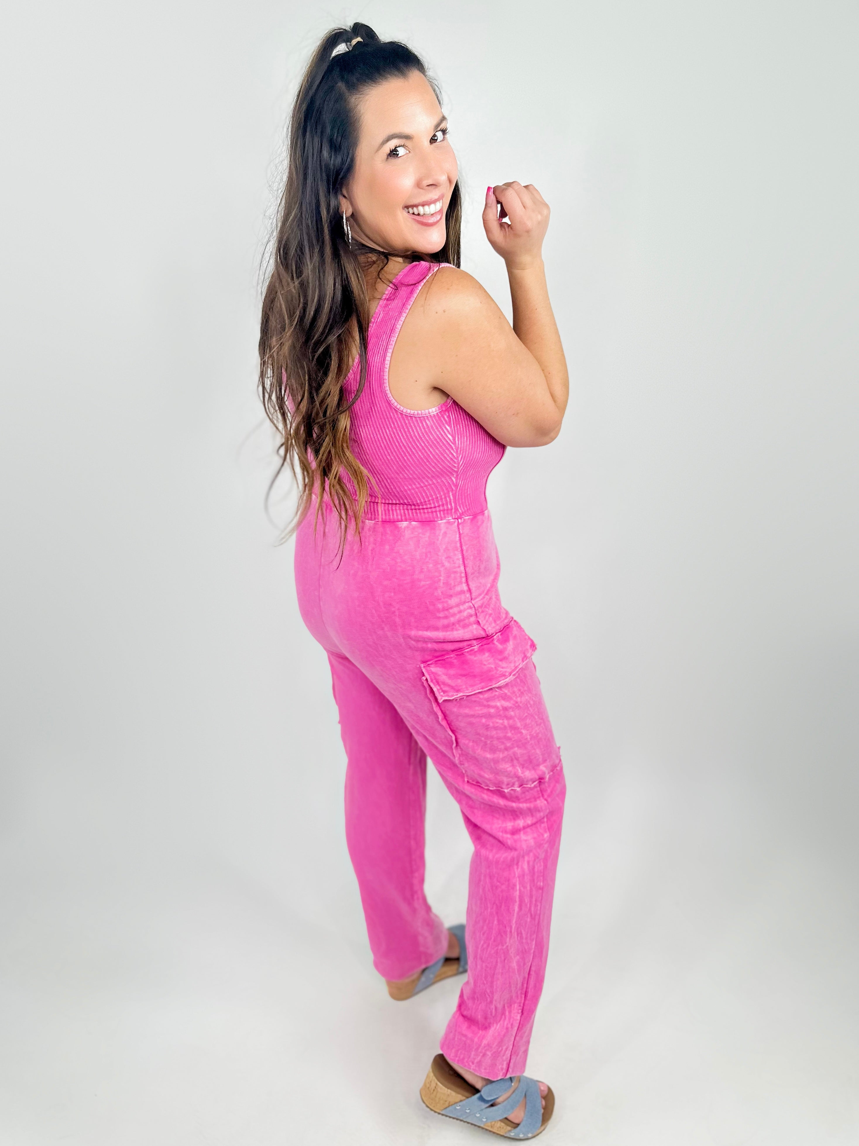 Hot Pink Super Waist Snatcher Mineral Wash Jumpsuit-230 Dresses/Jumpsuits/Rompers-J. Her-Heathered Boho Boutique, Women's Fashion and Accessories in Palmetto, FL