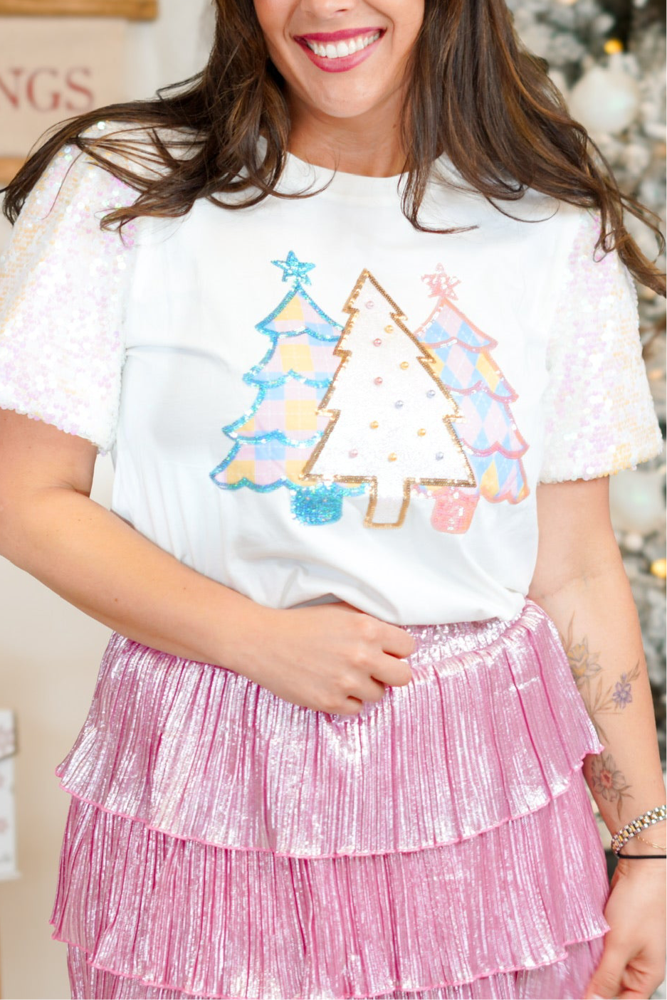 Restock: Sequin Trees Top-110 SHORT SLEEVE TOP-Southern Grace-Heathered Boho Boutique, Women's Fashion and Accessories in Palmetto, FL