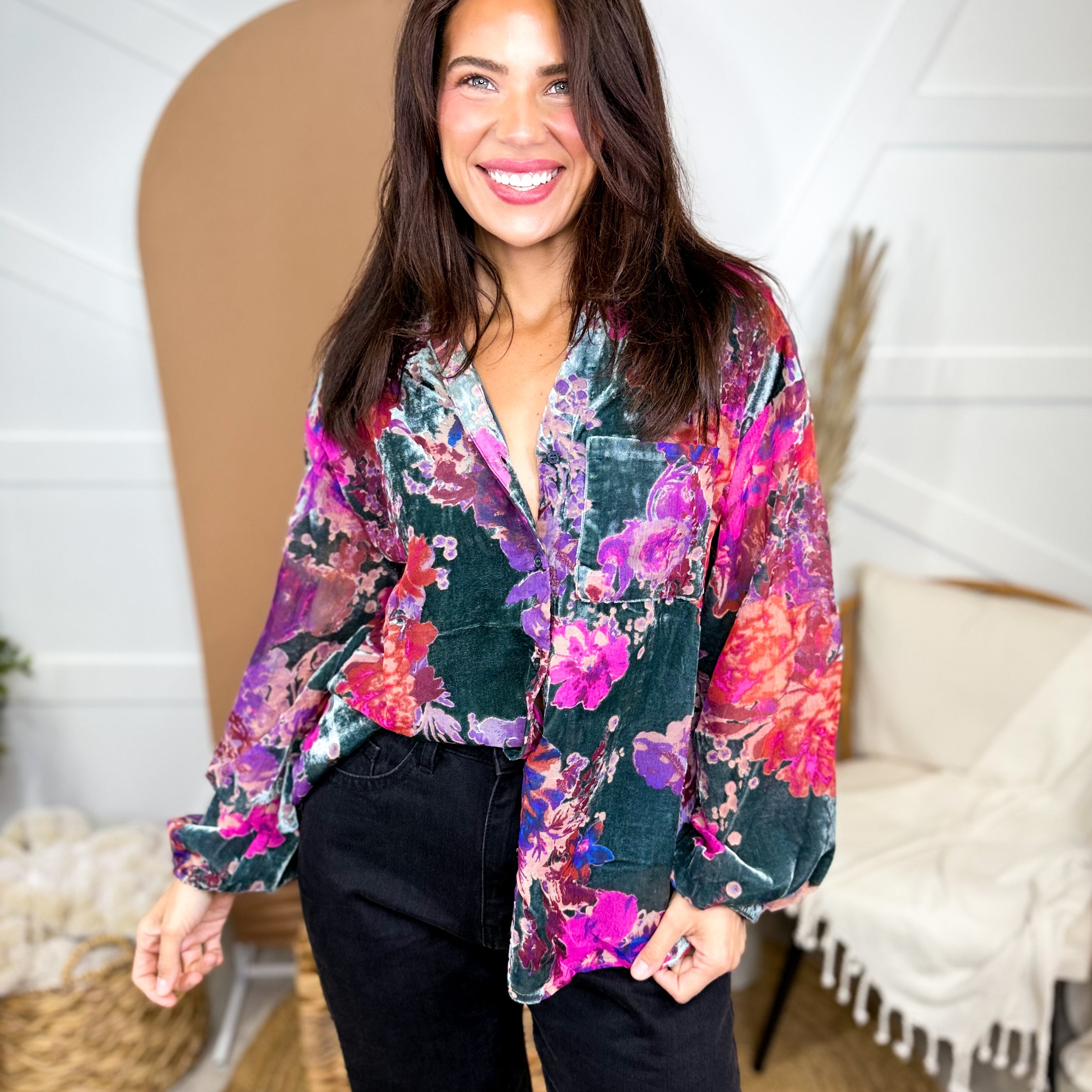 Royal Bloom Top-120 LONG SLEEVE TOPS-JODIFL-Heathered Boho Boutique, Women's Fashion and Accessories in Palmetto, FL