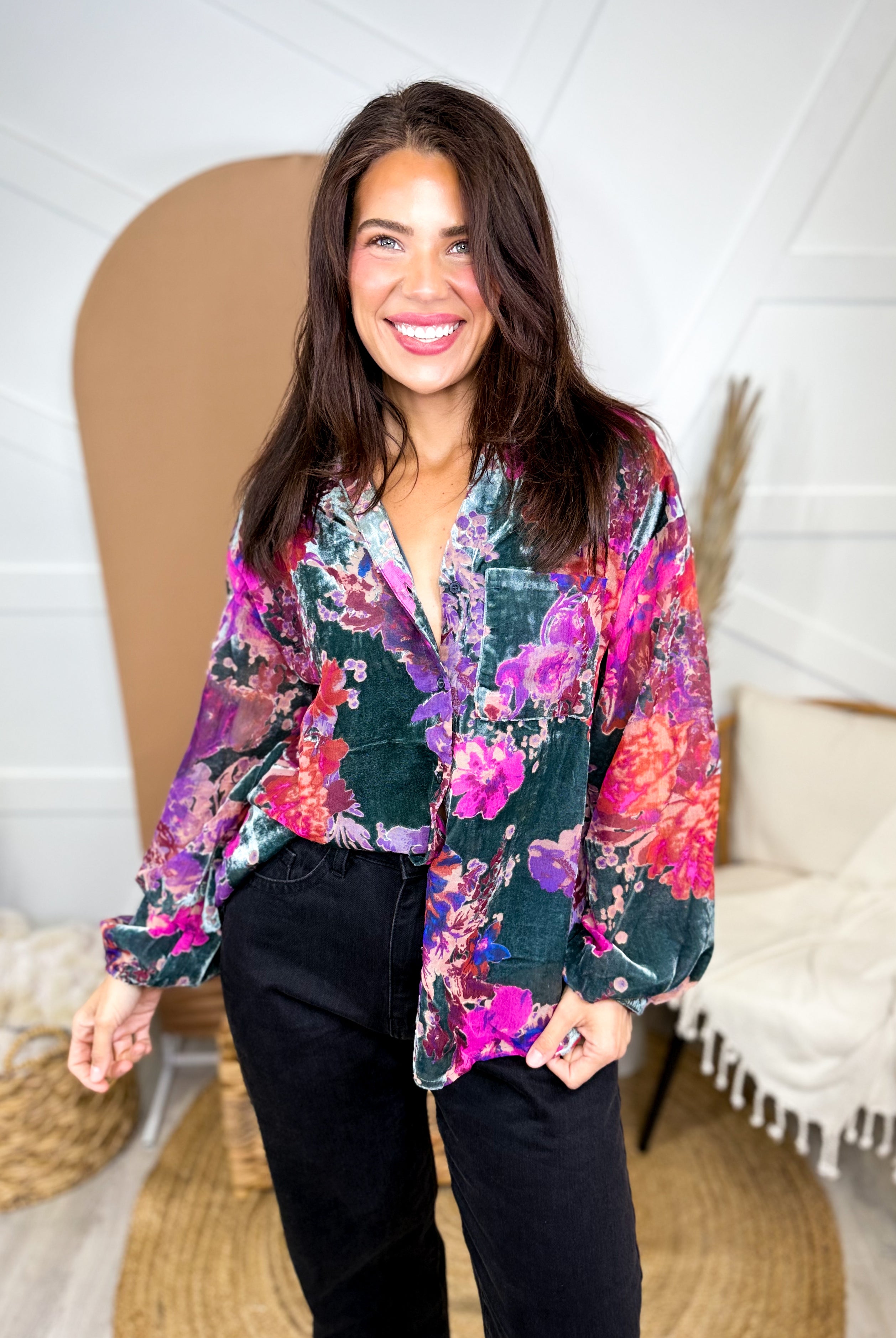 Royal Bloom Top-120 LONG SLEEVE TOPS-JODIFL-Heathered Boho Boutique, Women's Fashion and Accessories in Palmetto, FL