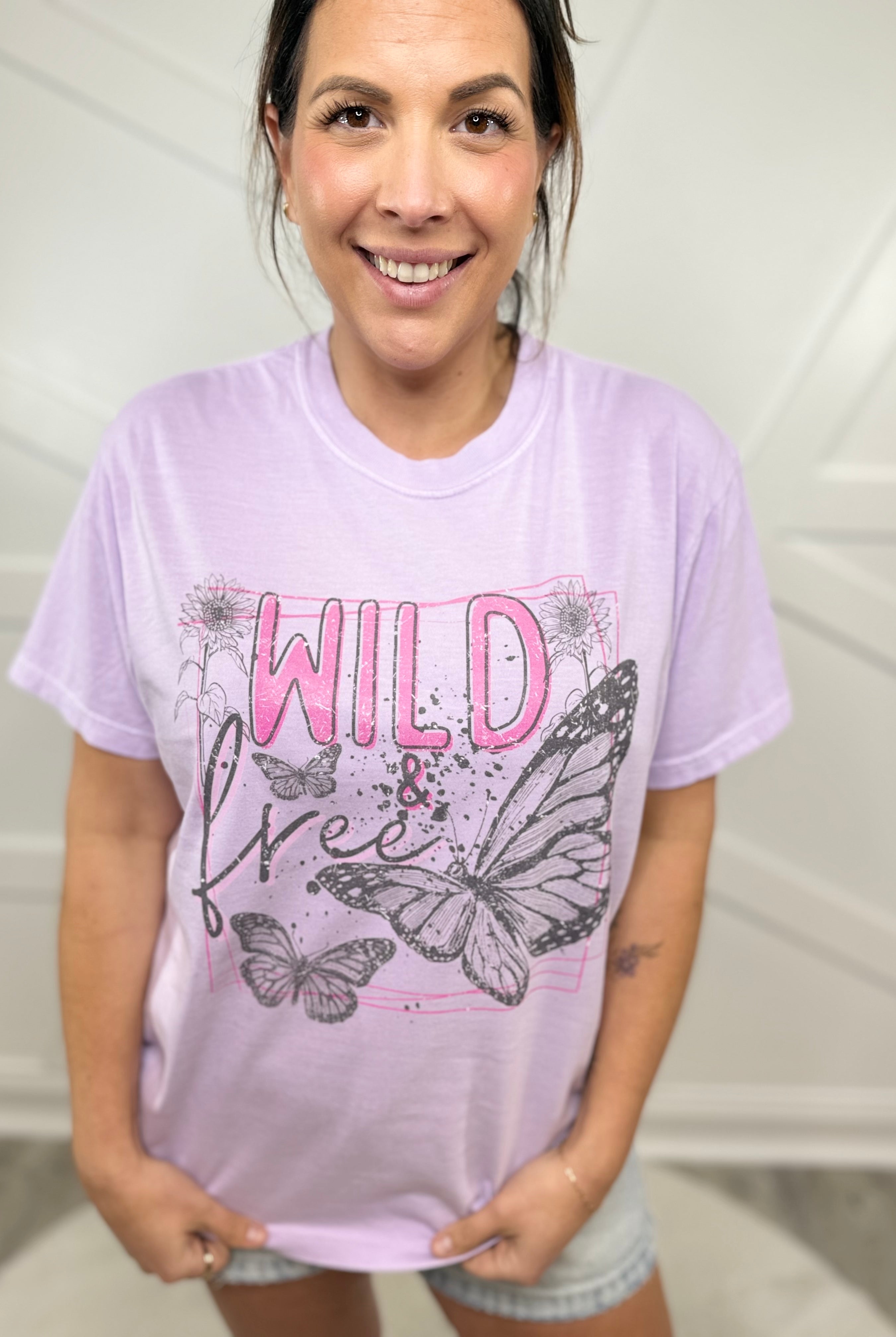 Wild and Free Butterfly Graphic Tee - Orchid-130 Graphic Tees-Heathered Boho-Heathered Boho Boutique, Women's Fashion and Accessories in Palmetto, FL