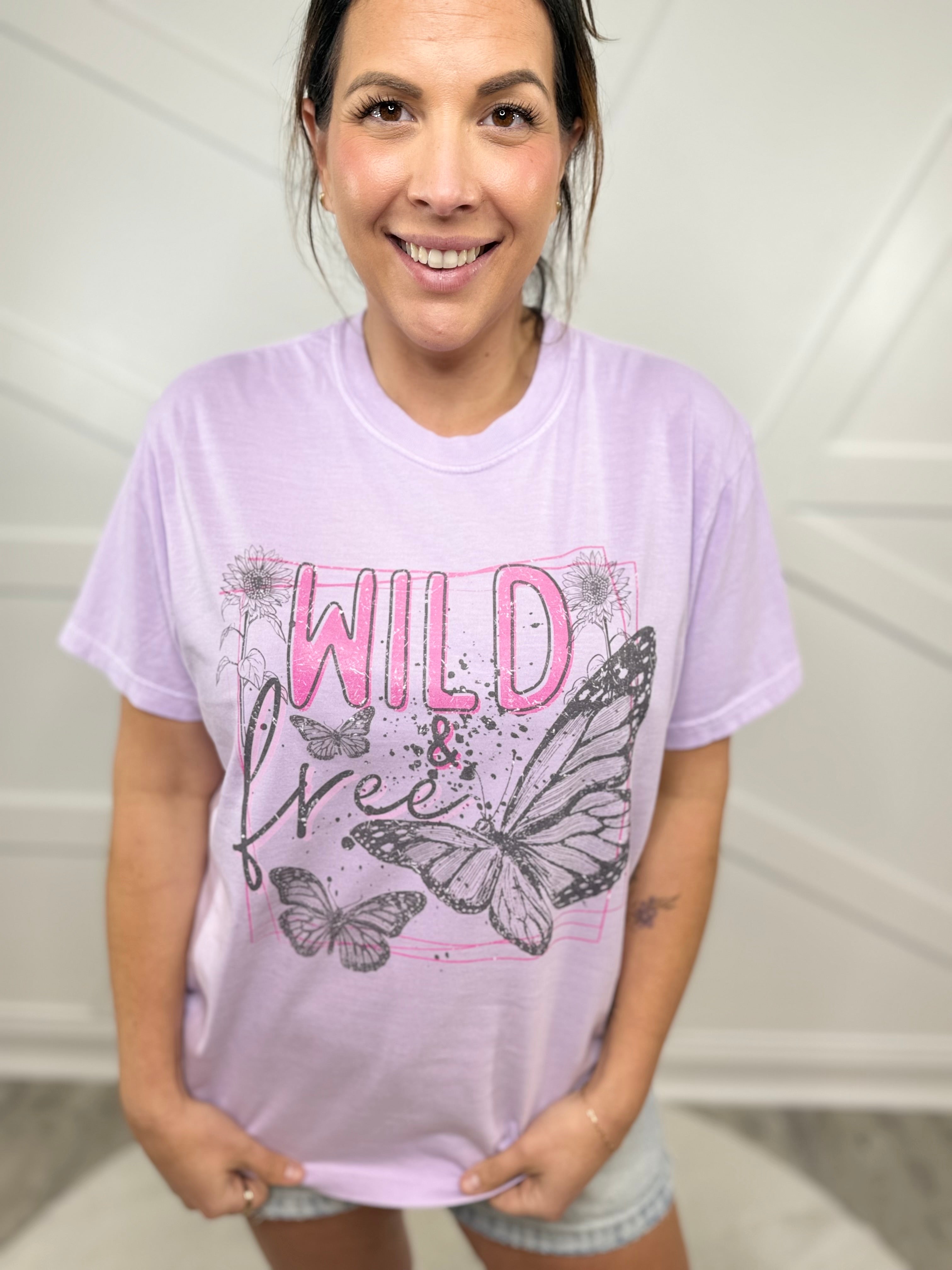 Wild and Free Butterfly Graphic Tee - Orchid-130 Graphic Tees-Heathered Boho-Heathered Boho Boutique, Women's Fashion and Accessories in Palmetto, FL