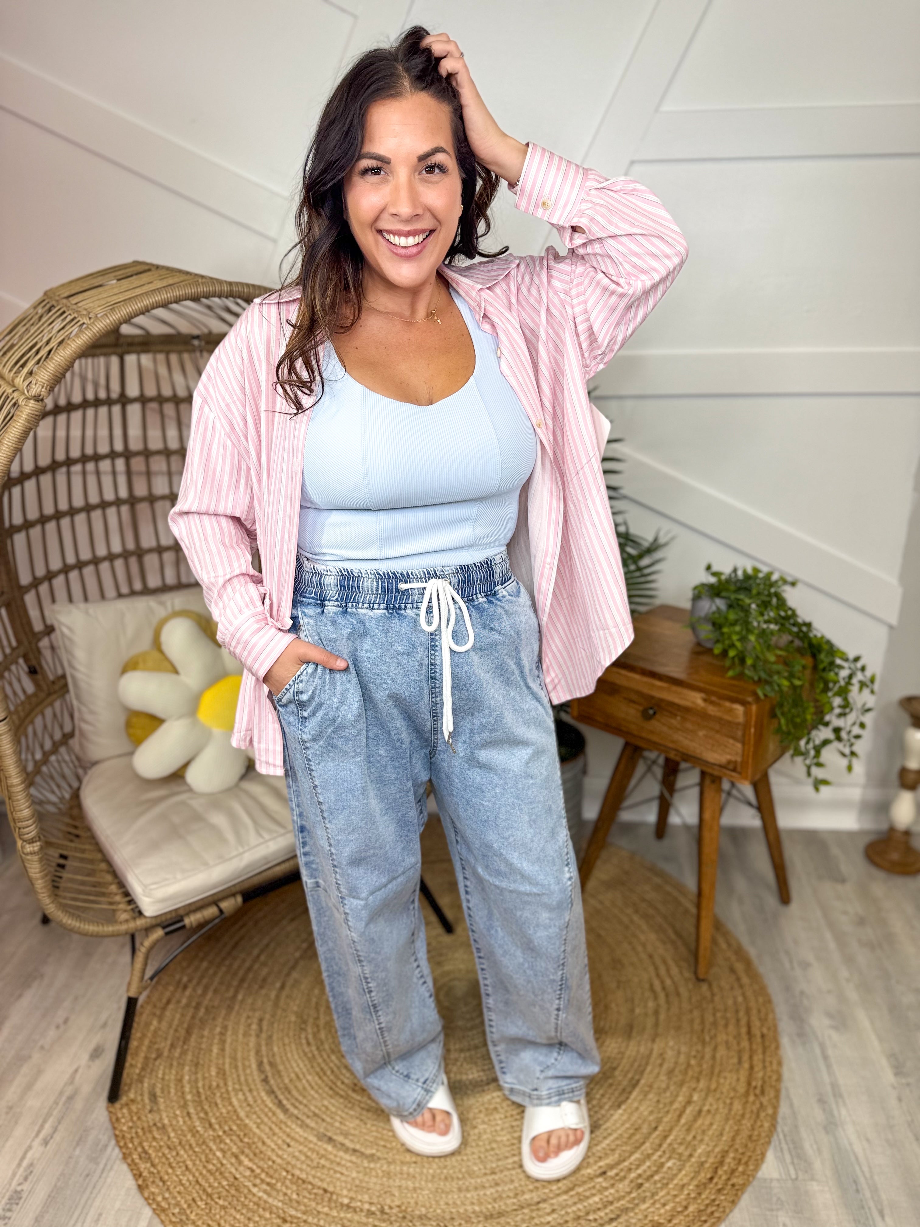 Kathryn Classic Button Up Top - Striped Pink-120 LONG SLEEVE TOPS-SOUTHERN GRACE-Heathered Boho Boutique, Women's Fashion and Accessories in Palmetto, FL