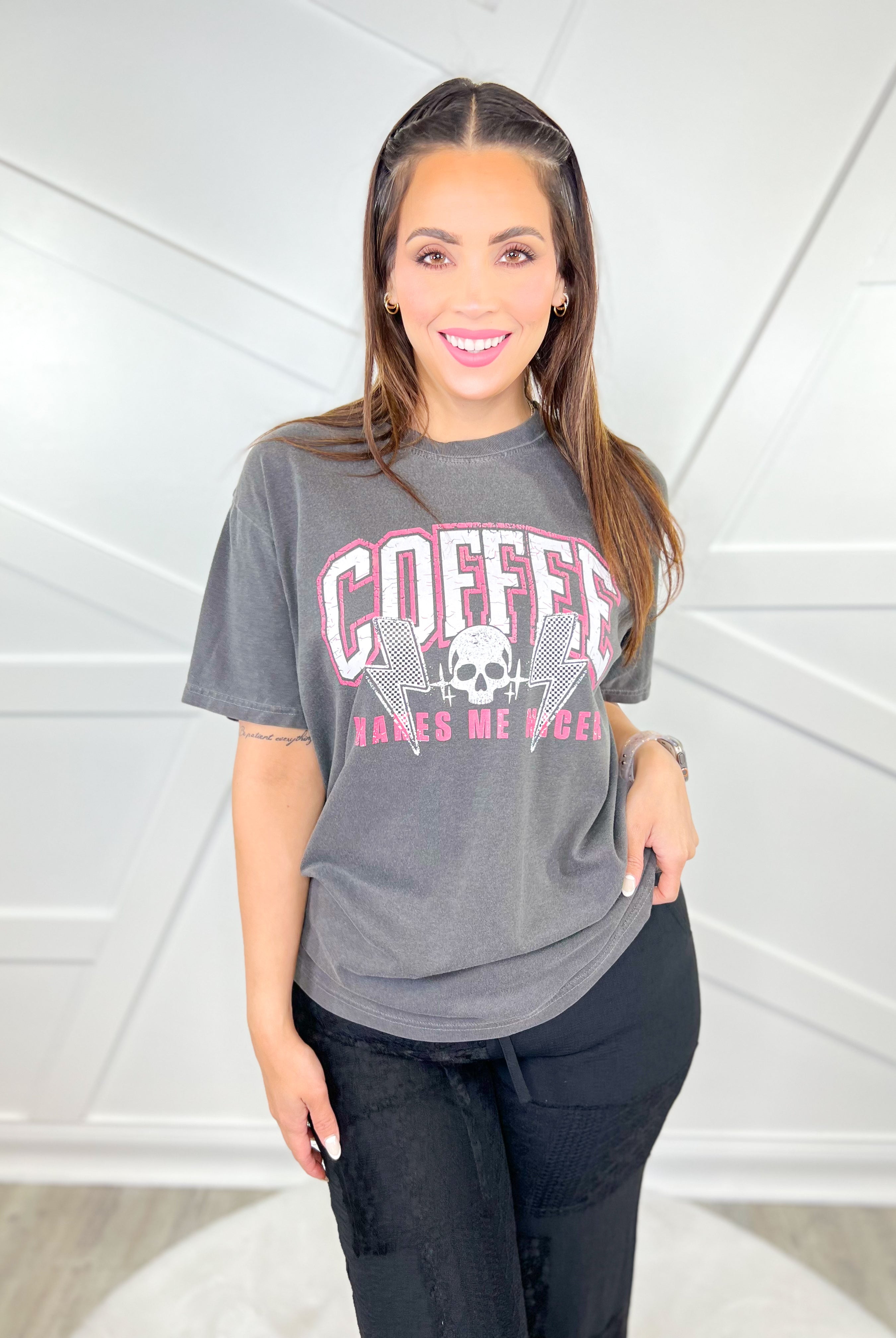 Coffee Makes Me Nicer - White Text-130 Graphic Tees-Heathered Boho-Heathered Boho Boutique, Women's Fashion and Accessories in Palmetto, FL