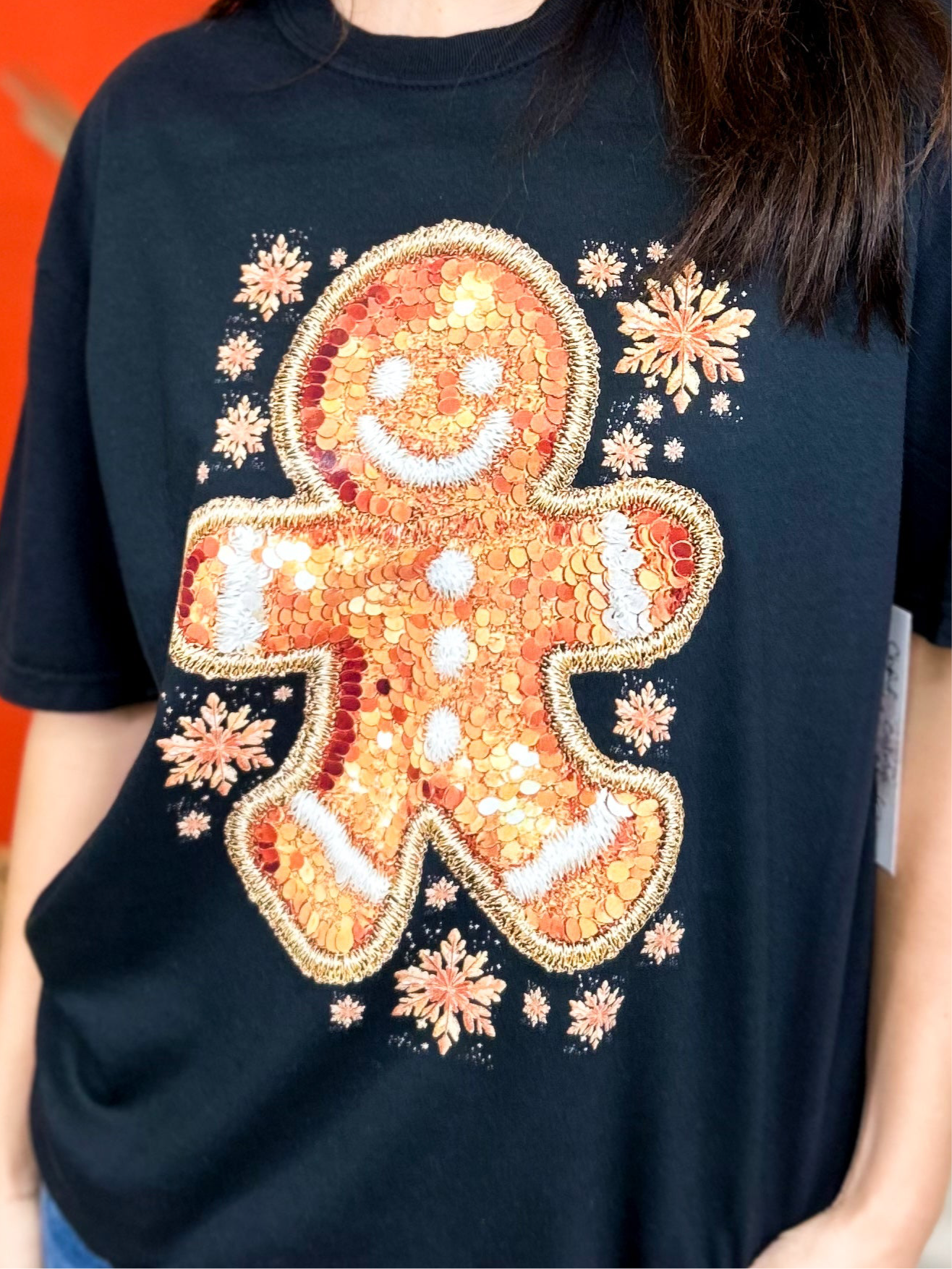 Sequin Gingerbread Man Graphic Tee-130 Graphic Tees-Heathered Boho-Heathered Boho Boutique, Women's Fashion and Accessories in Palmetto, FL