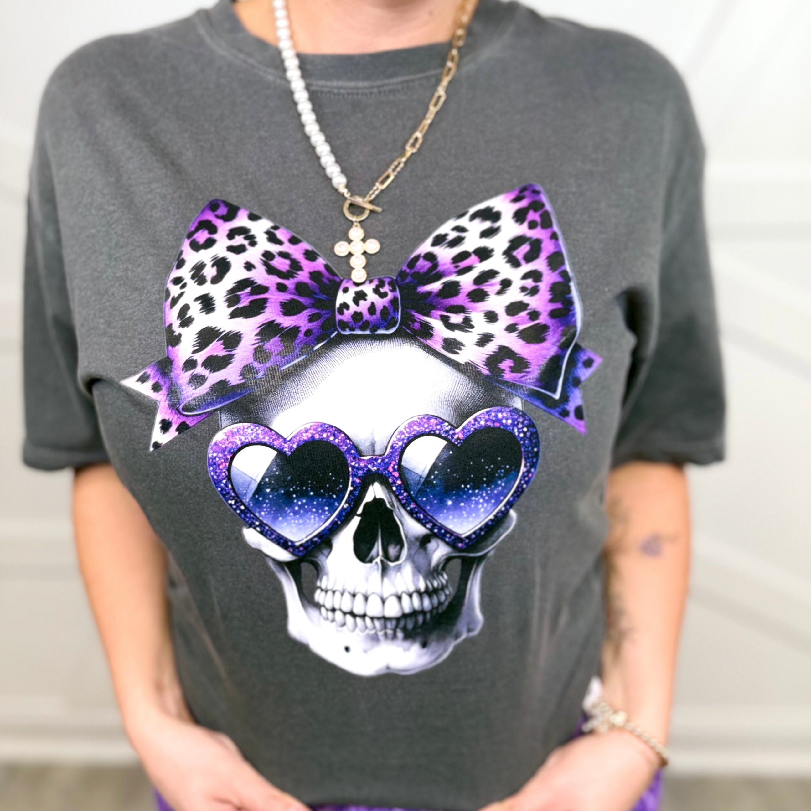 Purple Leopard Skull Graphic Tee-130 Graphic Tees-Heathered Boho-Heathered Boho Boutique, Women's Fashion and Accessories in Palmetto, FL