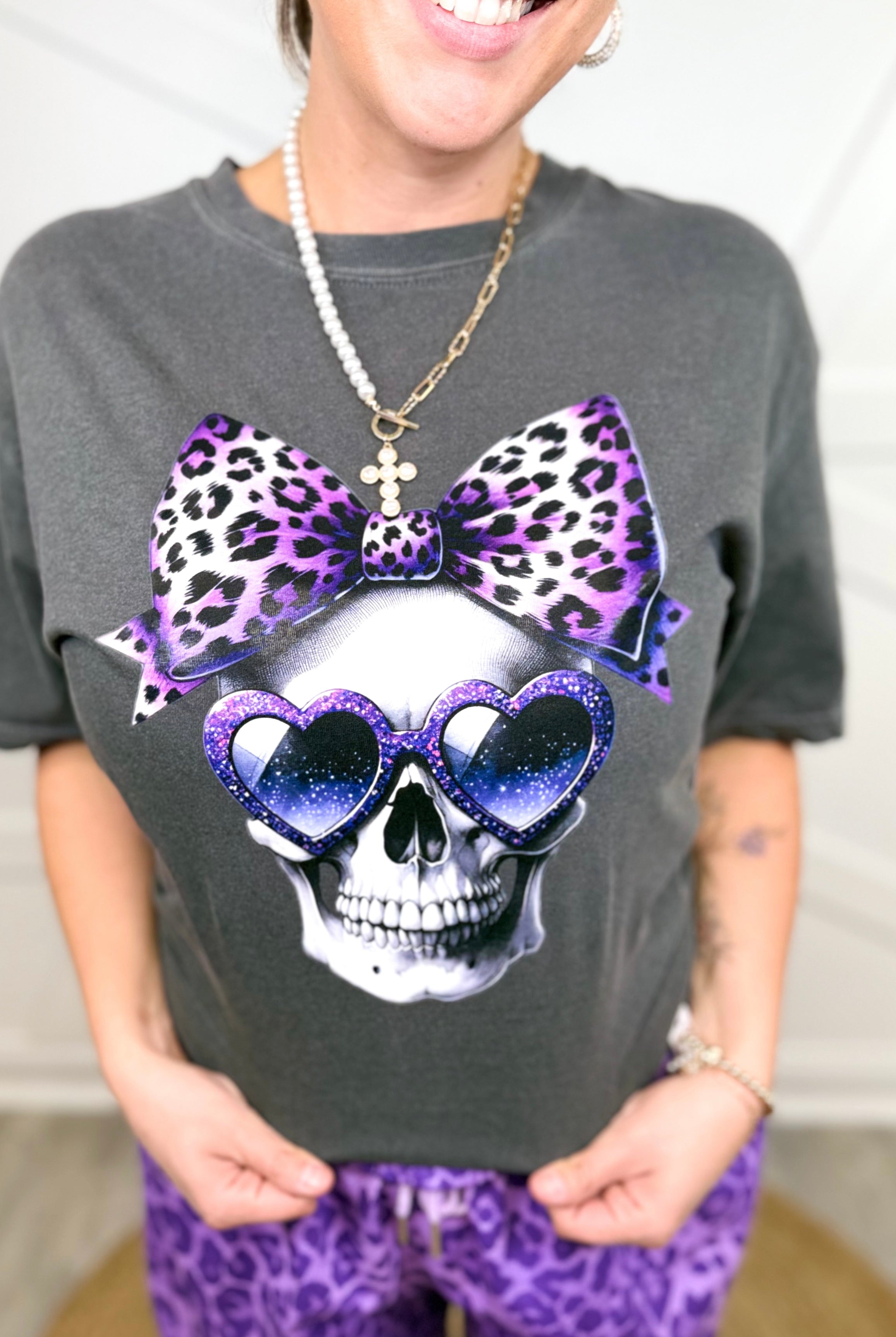 Purple Leopard Skull Graphic Tee-130 Graphic Tees-Heathered Boho-Heathered Boho Boutique, Women's Fashion and Accessories in Palmetto, FL
