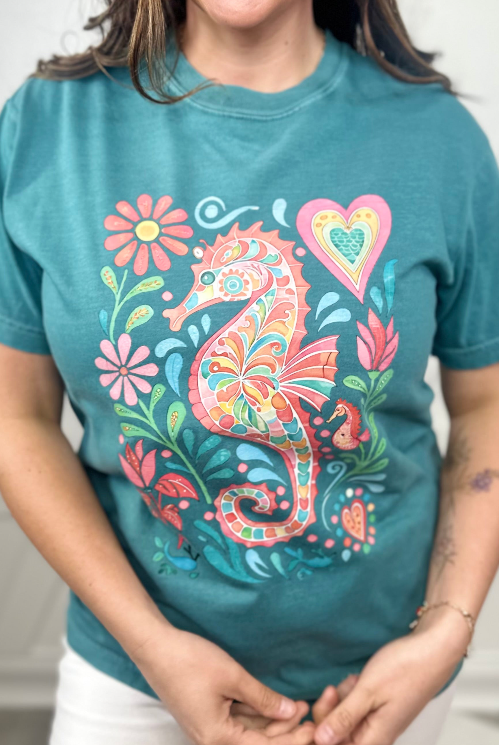 Seahorse Graphic Tee - Emerald-130 Graphic Tees-Heathered Boho-Heathered Boho Boutique, Women's Fashion and Accessories in Palmetto, FL