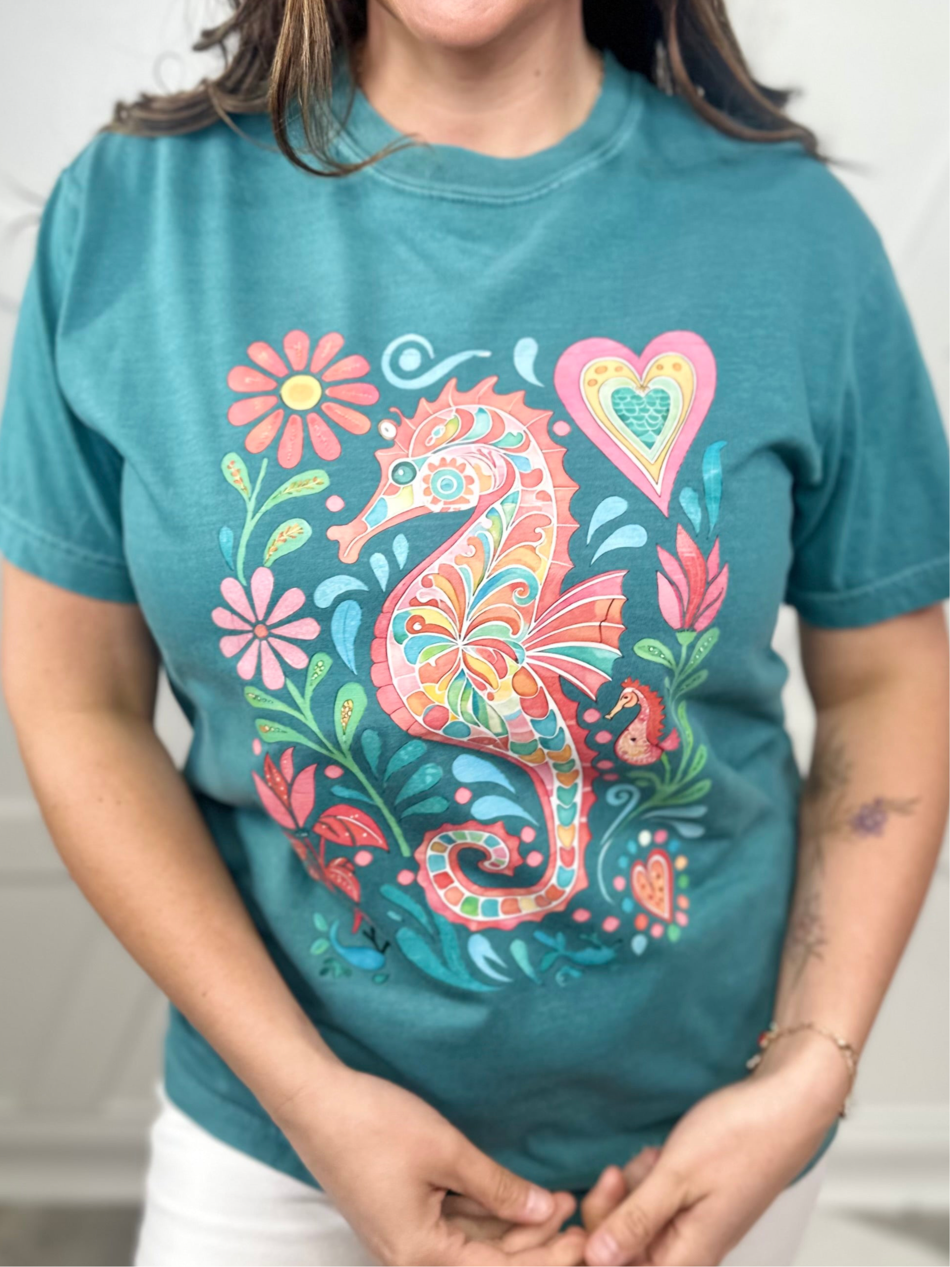 Seahorse Graphic Tee - Emerald-130 Graphic Tees-Heathered Boho-Heathered Boho Boutique, Women's Fashion and Accessories in Palmetto, FL