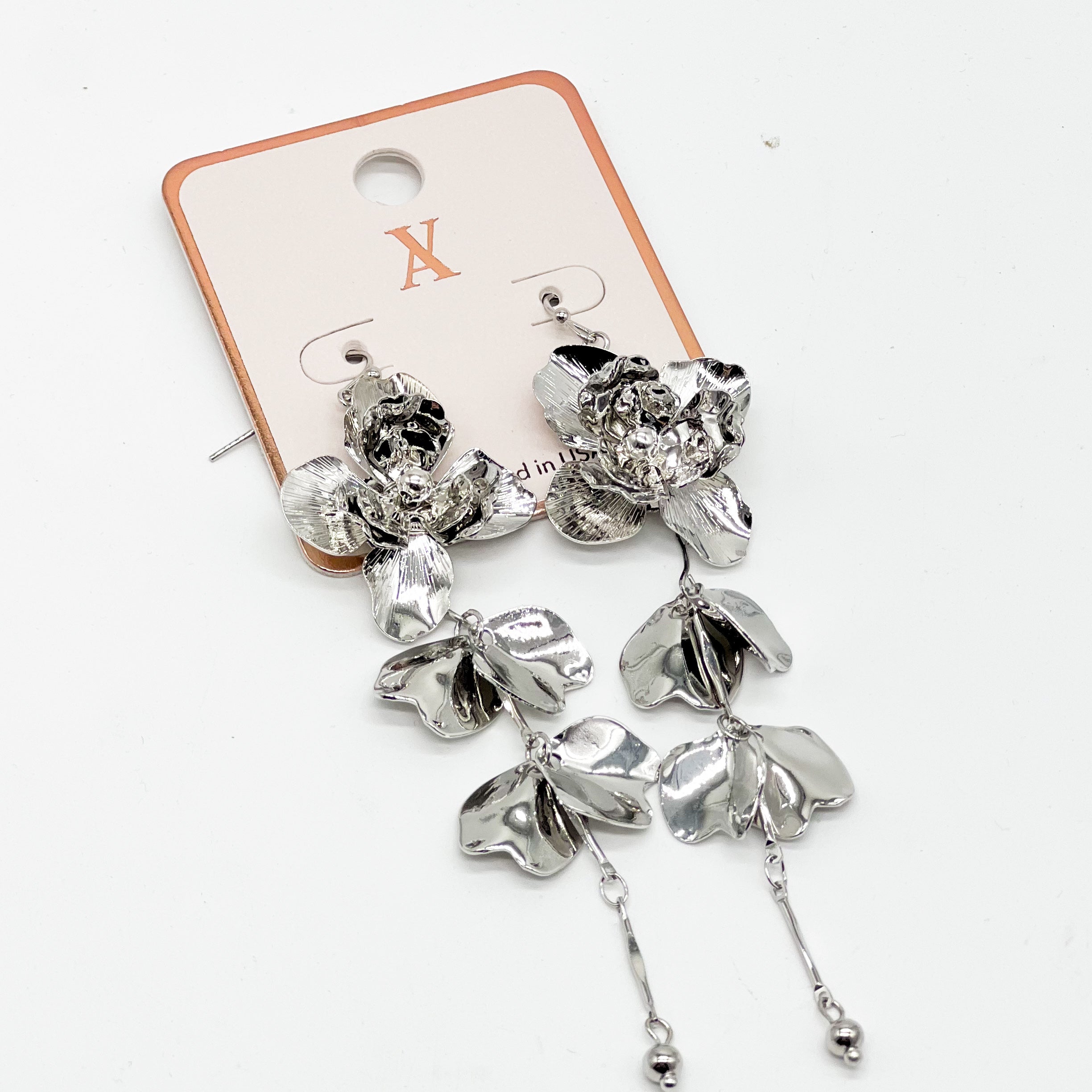 Metallic Flowers And Petals Chain Dangle Earrings-310 Jewelry-Fame Accessories-Heathered Boho Boutique, Women's Fashion and Accessories in Palmetto, FL