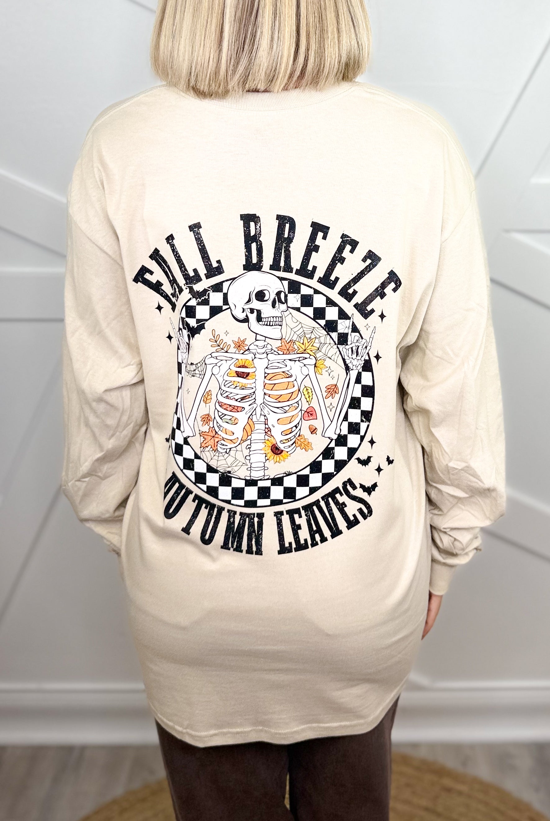 Fall Breeze w/ Pocket Skelly Graphic Long Sleeve-130 Graphic Tees-Heathered Boho-Heathered Boho Boutique, Women's Fashion and Accessories in Palmetto, FL