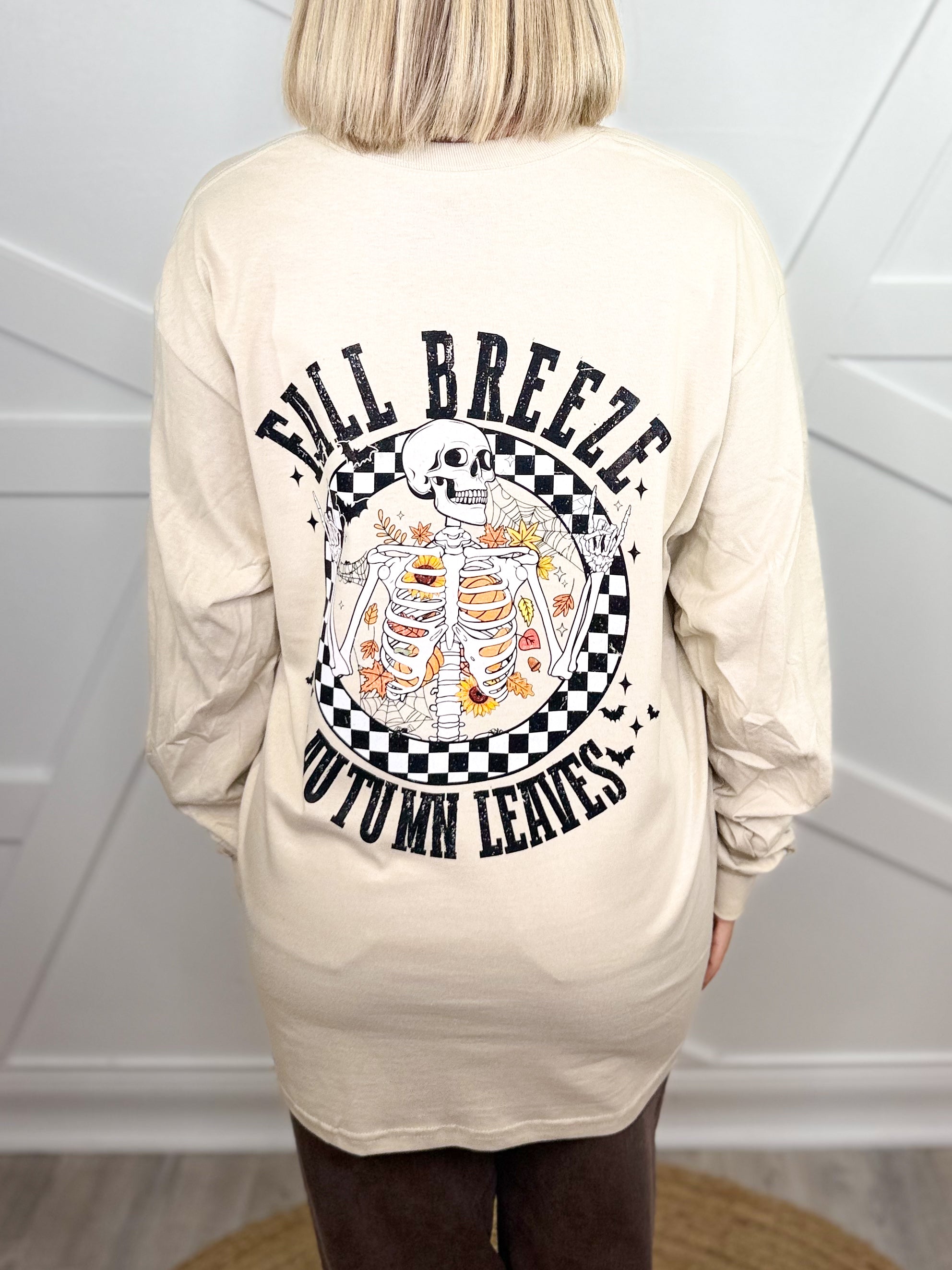 Fall Breeze w/ Pocket Skelly Graphic Long Sleeve-130 Graphic Tees-Heathered Boho-Heathered Boho Boutique, Women's Fashion and Accessories in Palmetto, FL