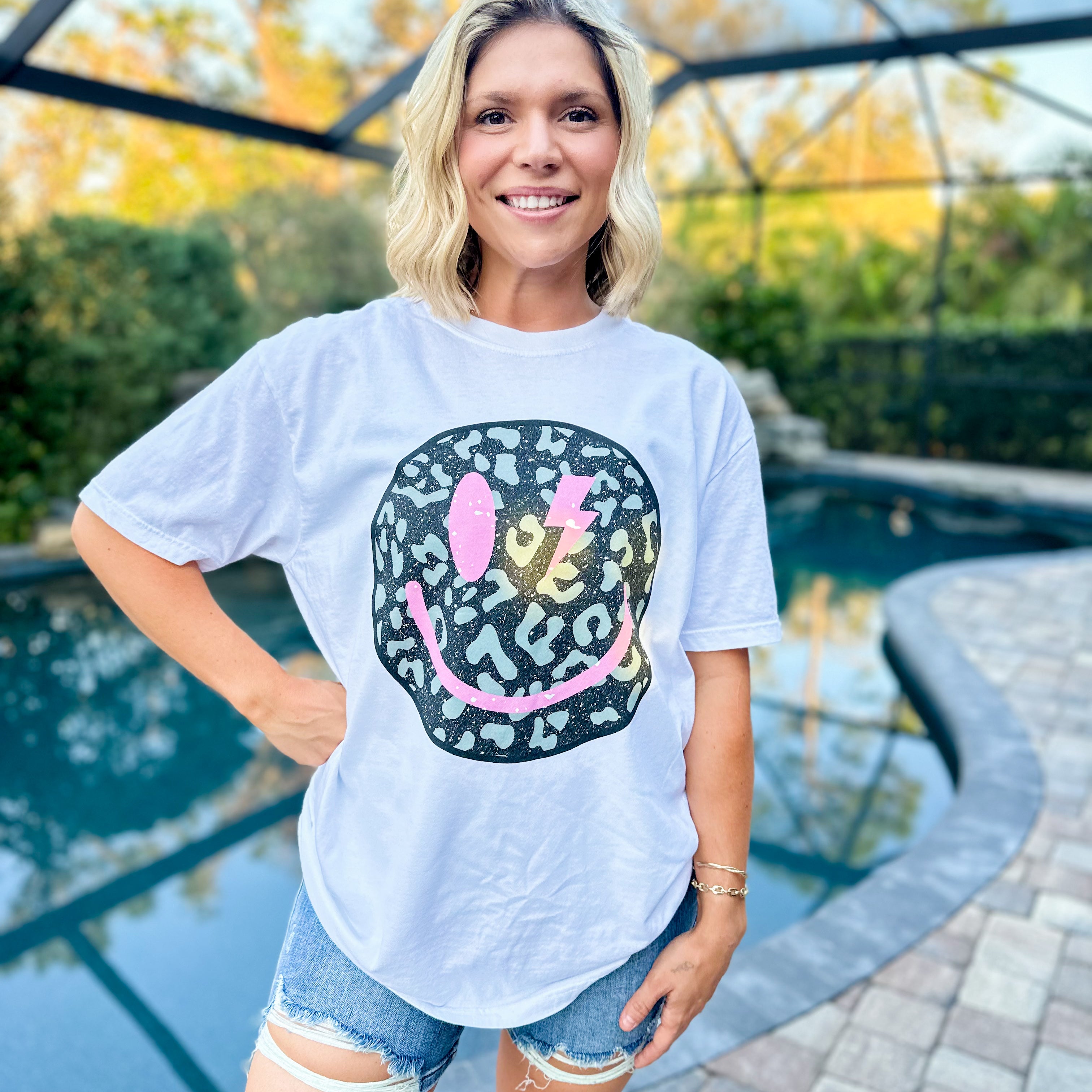 Black Leopard Smiley Face Graphic Tee-130 Graphic Tees-Heathered Boho-Heathered Boho Boutique, Women's Fashion and Accessories in Palmetto, FL