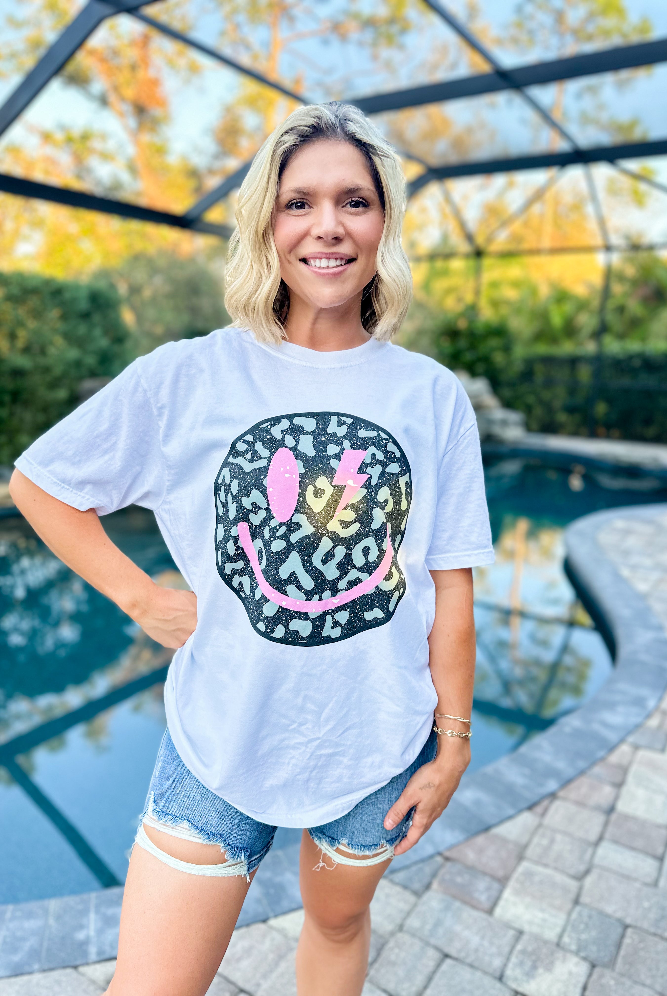 Black Leopard Smiley Face Graphic Tee-130 Graphic Tees-Heathered Boho-Heathered Boho Boutique, Women's Fashion and Accessories in Palmetto, FL