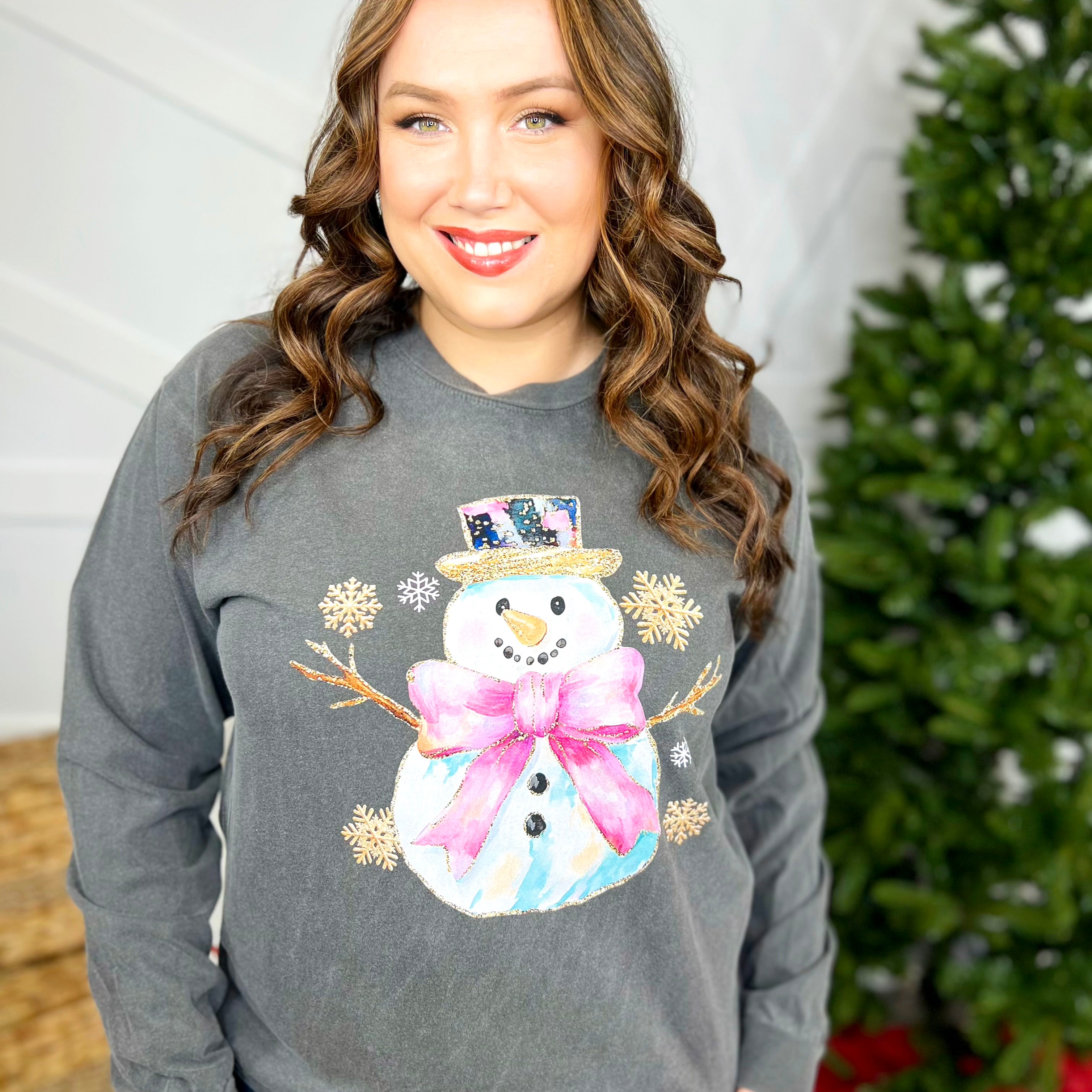 Glitter Snowman Graphic Long Sleeve-120 Long Sleeve Tops-Heathered Boho-Heathered Boho Boutique, Women's Fashion and Accessories in Palmetto, FL