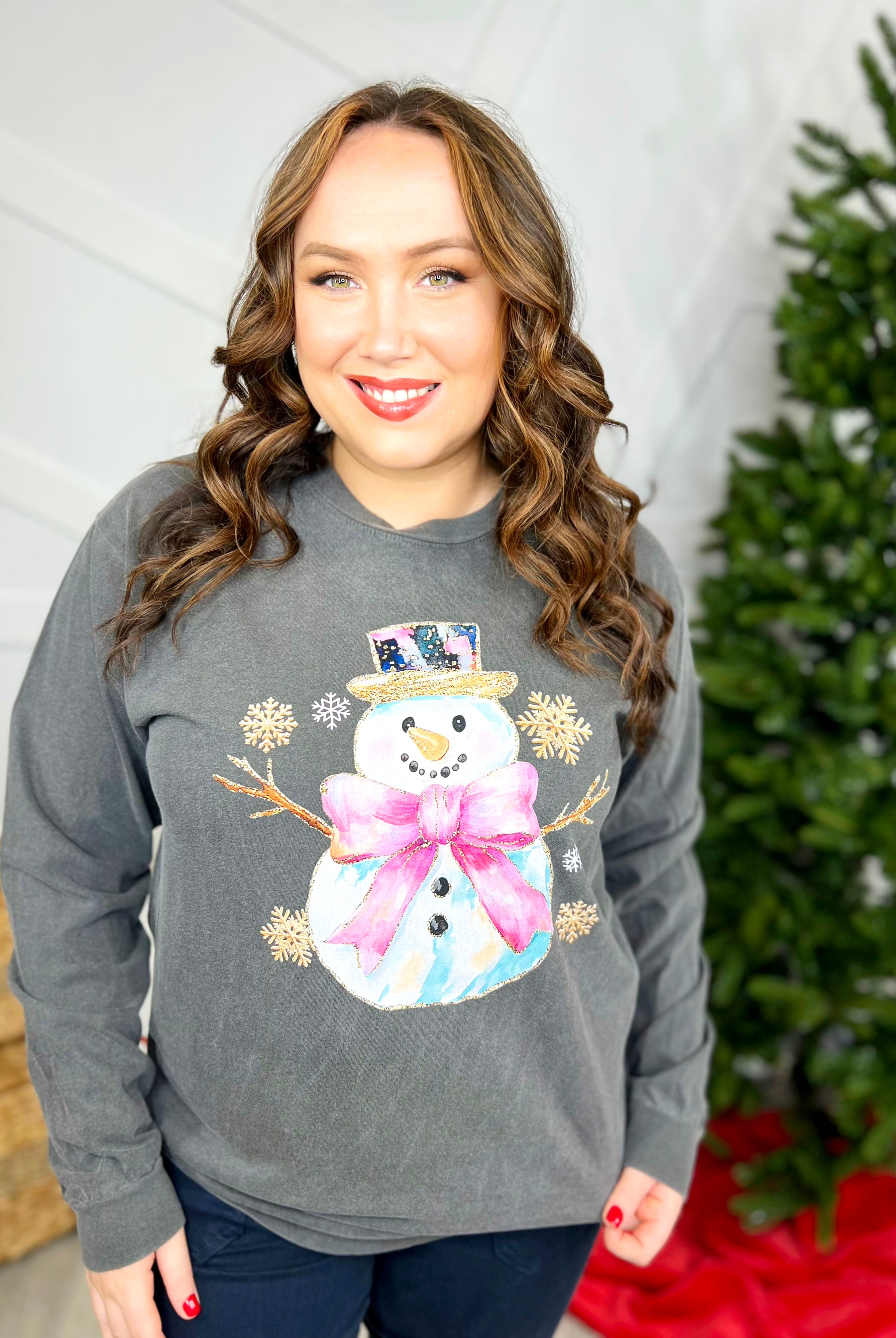 Glitter Snowman Graphic Long Sleeve-120 Long Sleeve Tops-Heathered Boho-Heathered Boho Boutique, Women's Fashion and Accessories in Palmetto, FL
