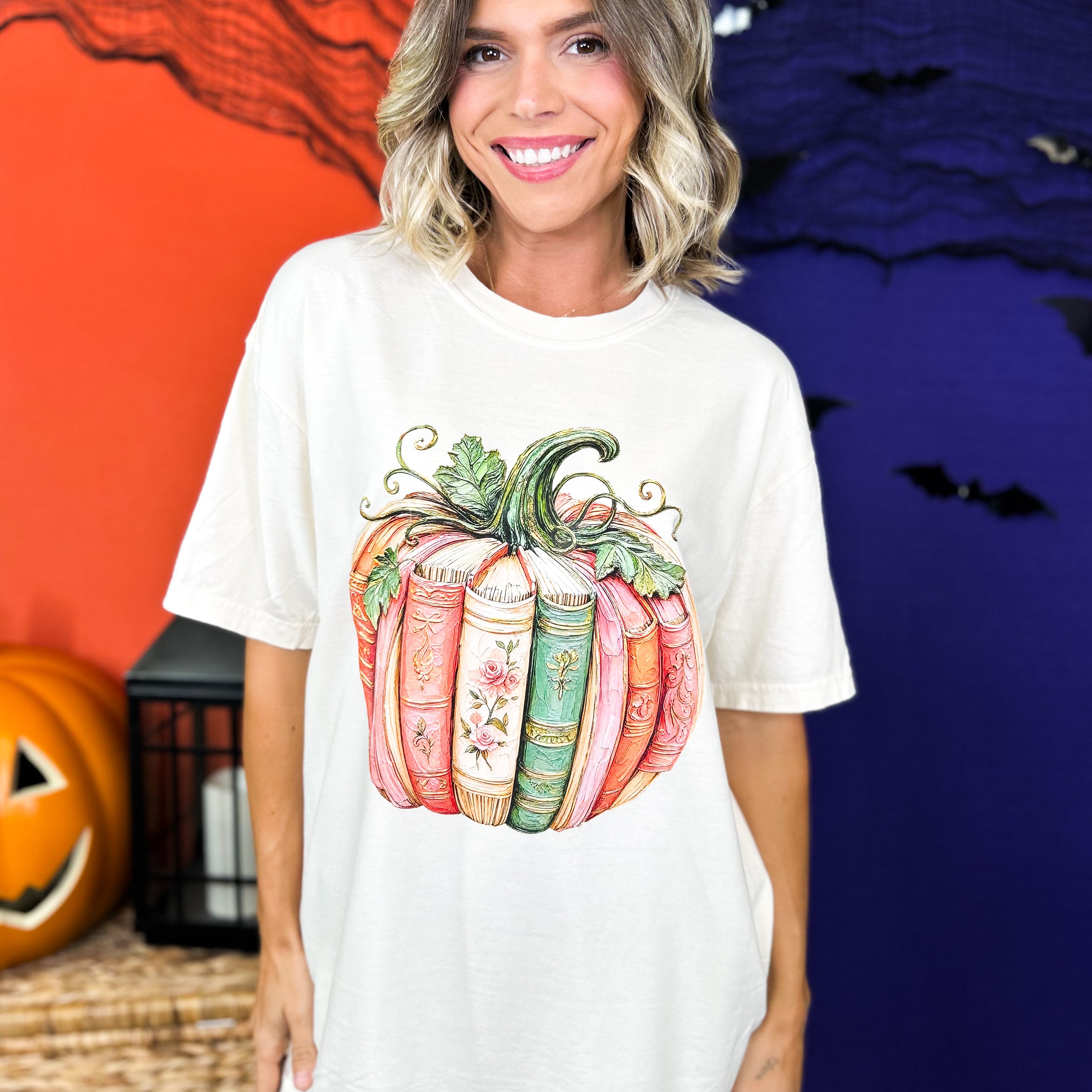 Pumpkin Book Graphic Tee-130 Graphic Tees-Heathered Boho-Heathered Boho Boutique, Women's Fashion and Accessories in Palmetto, FL