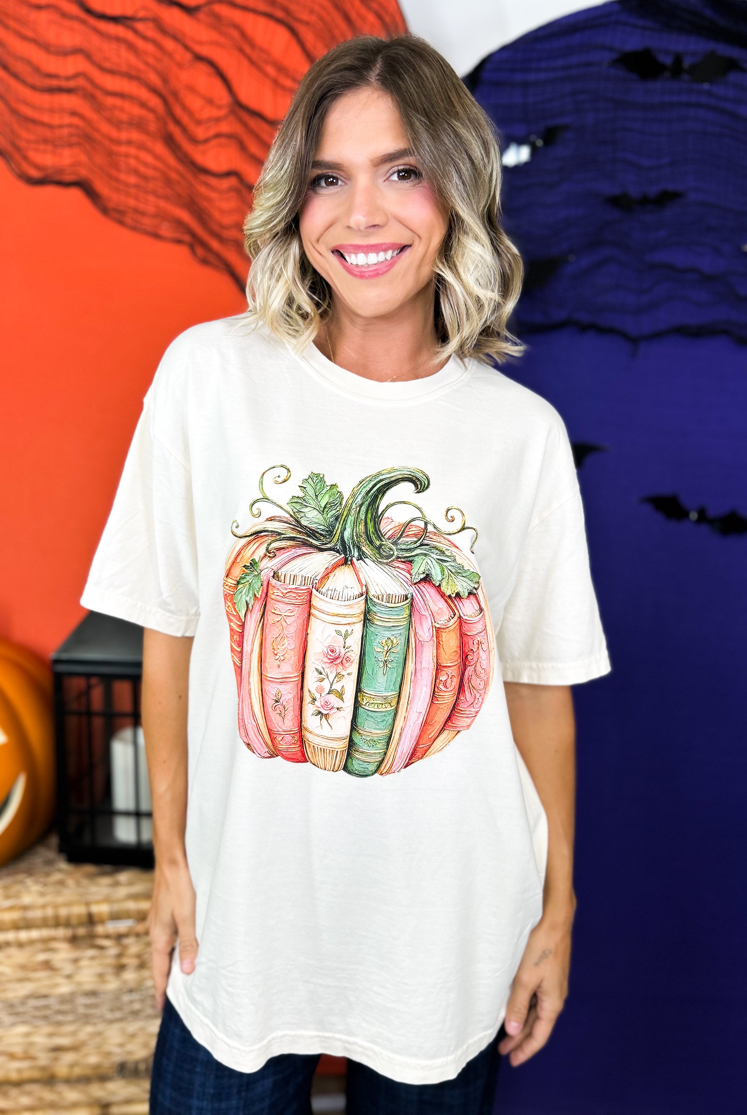 Pumpkin Book Graphic Tee-130 Graphic Tees-Heathered Boho-Heathered Boho Boutique, Women's Fashion and Accessories in Palmetto, FL