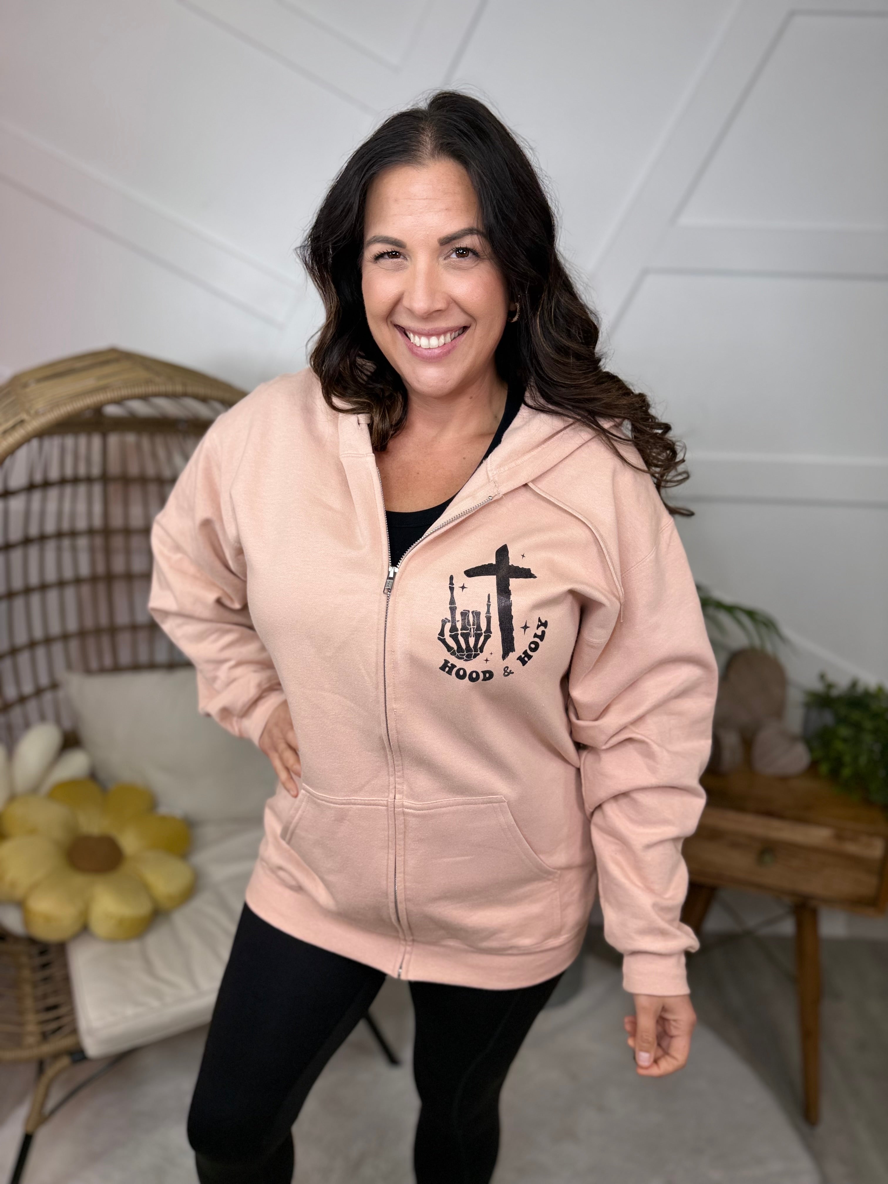 Pray Don't Play w/ Pocket Graphic Zip-Up Hooded Sweatshirt-130 Graphic Tees-Heathered Boho-Heathered Boho Boutique, Women's Fashion and Accessories in Palmetto, FL