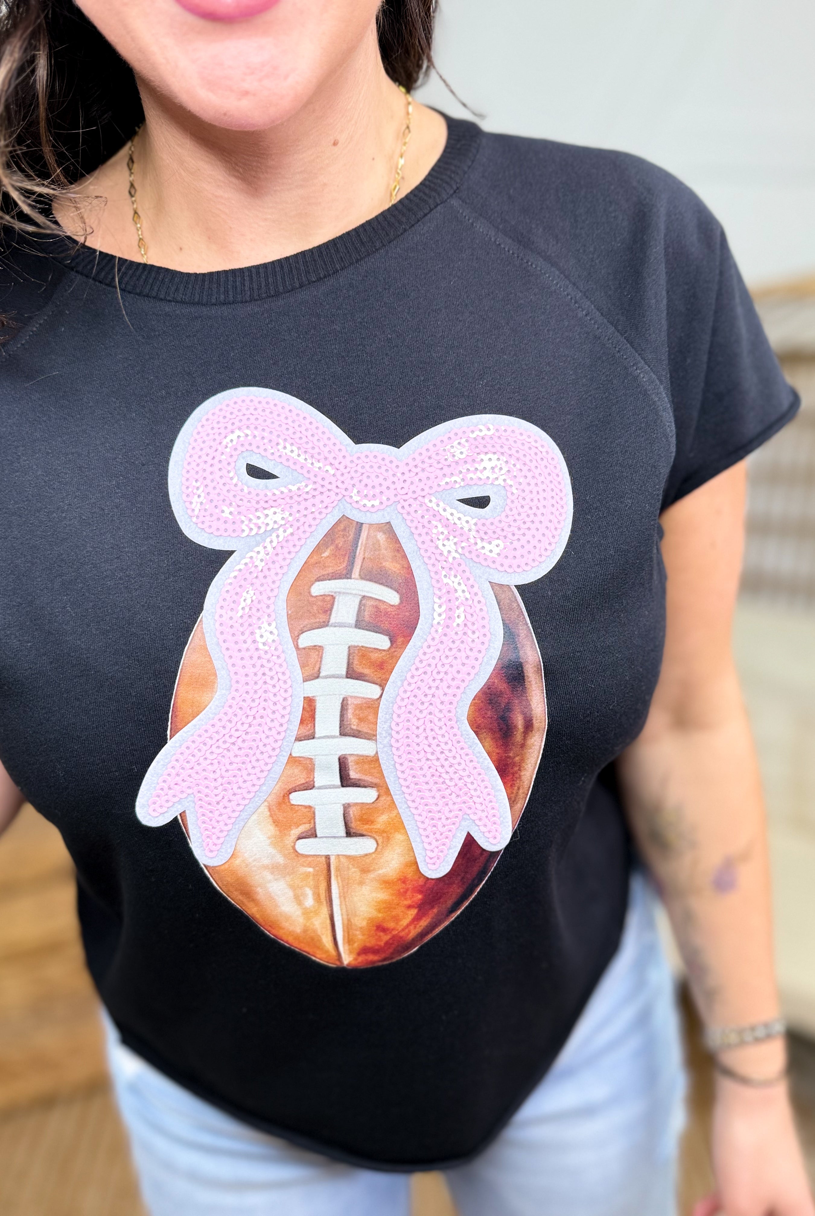 Football Sequin Bow Graphic Tee-130 Graphic Tees-SUGAR STITCH-Heathered Boho Boutique, Women's Fashion and Accessories in Palmetto, FL