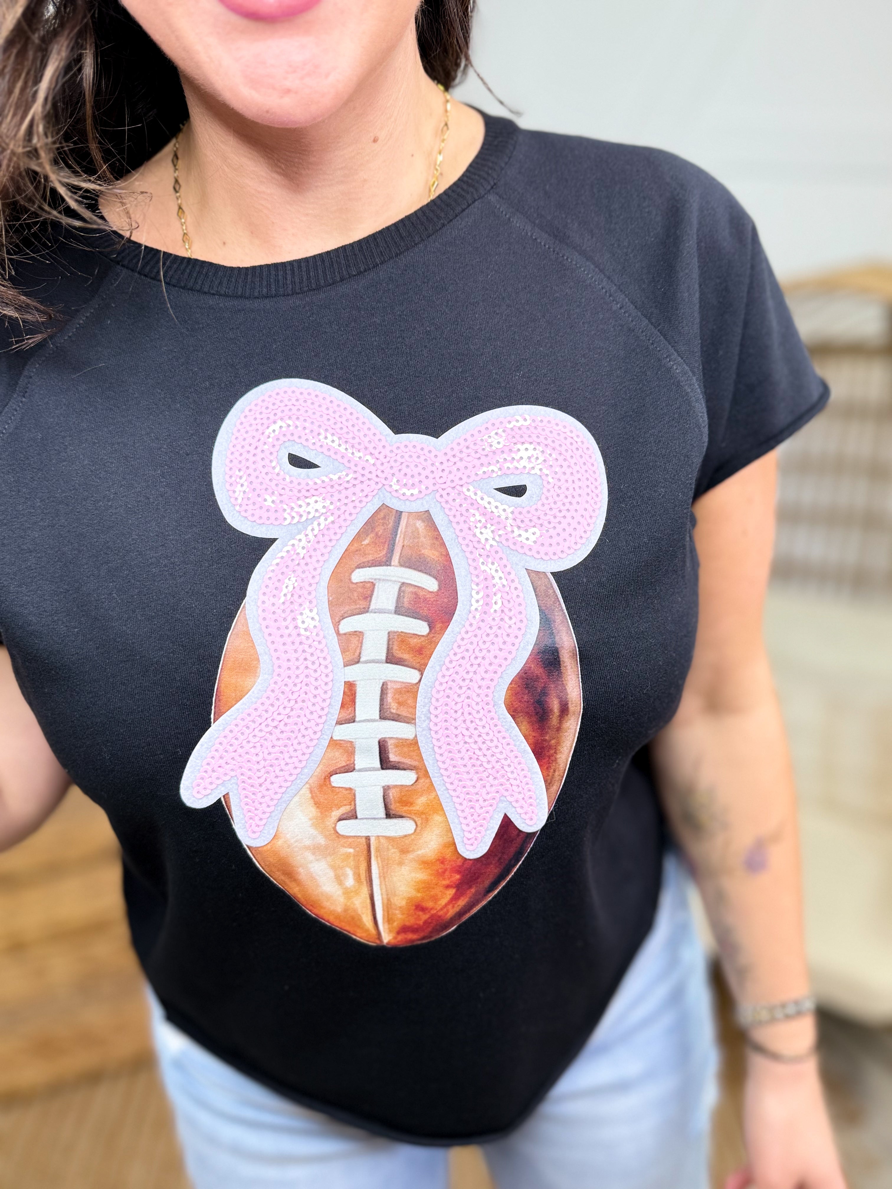 Football Sequin Bow Graphic Tee-130 Graphic Tees-SUGAR STITCH-Heathered Boho Boutique, Women's Fashion and Accessories in Palmetto, FL