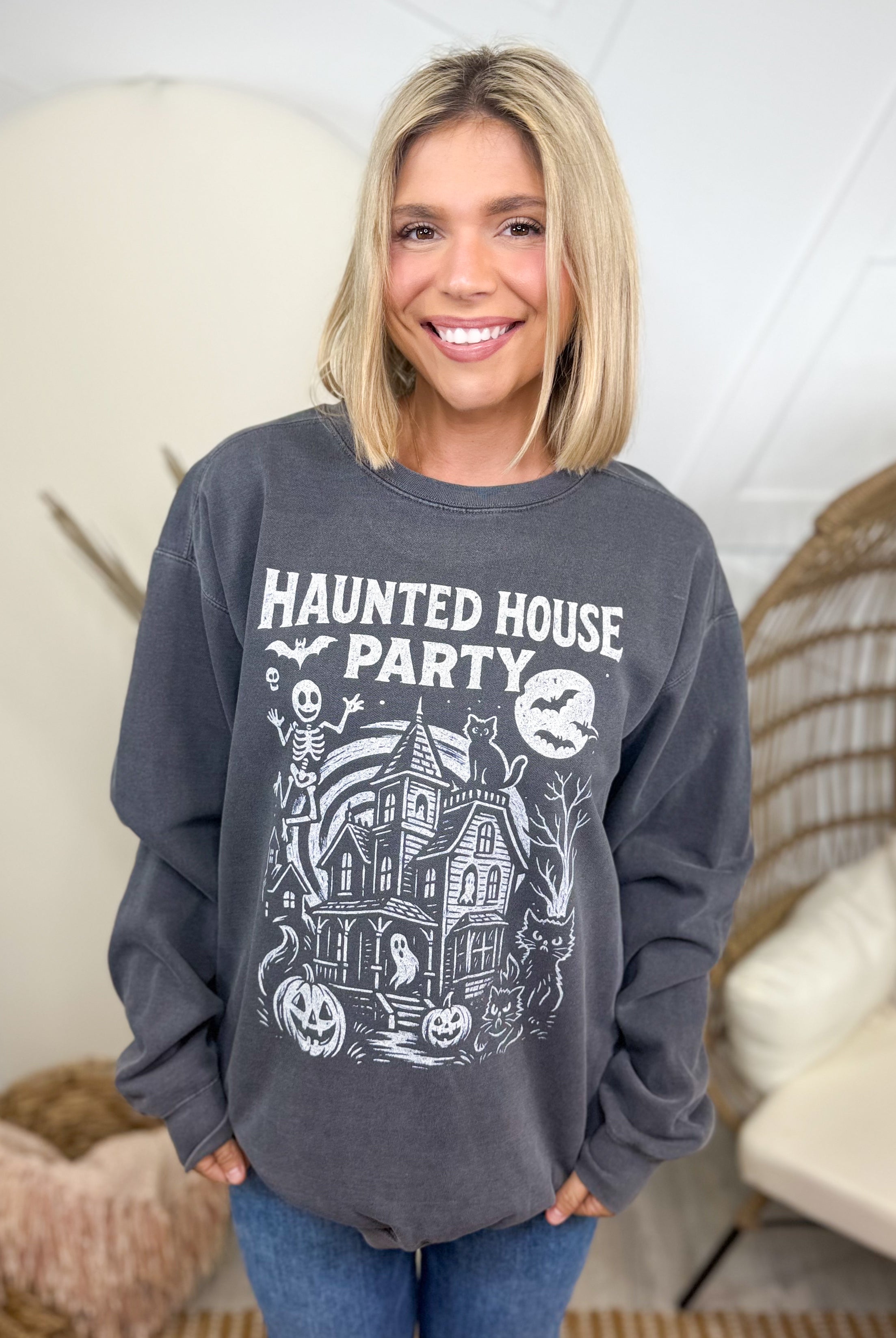 Haunted House Party Graphic Sweatshirt-130 Graphic Tees-Heathered Boho-Heathered Boho Boutique, Women's Fashion and Accessories in Palmetto, FL