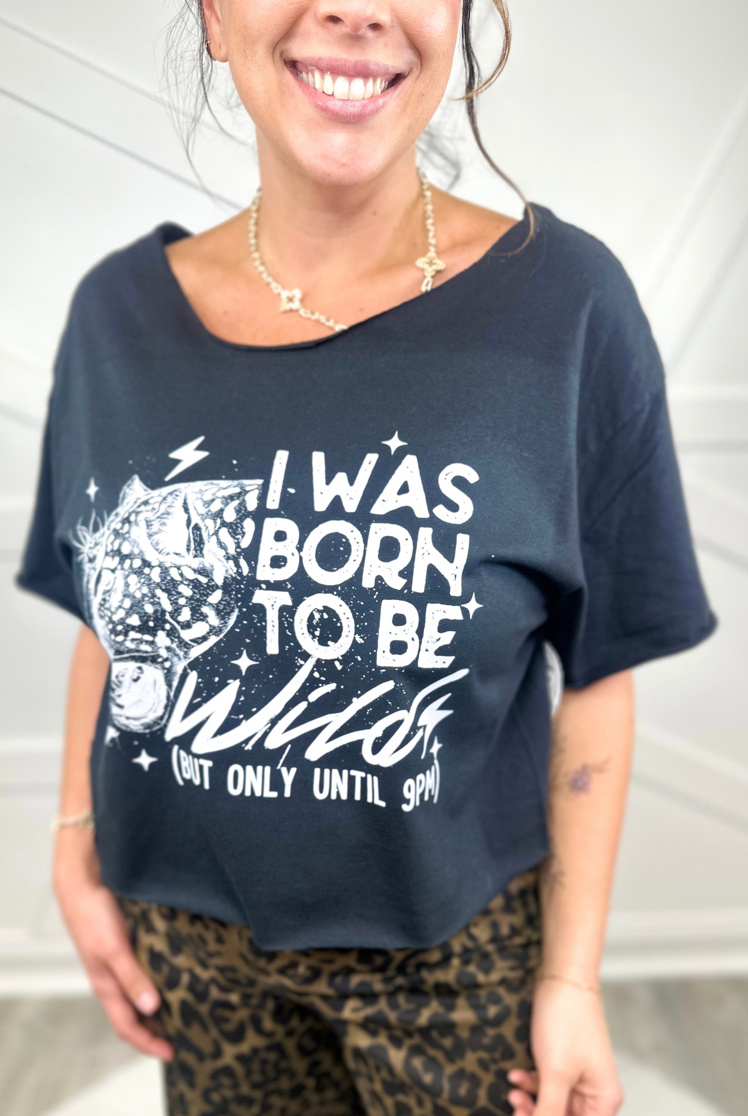 Custom Cropped Wild Until 9 Graphic Tee- White Text-130 Graphic Tees-Heathered Boho-Heathered Boho Boutique, Women's Fashion and Accessories in Palmetto, FL