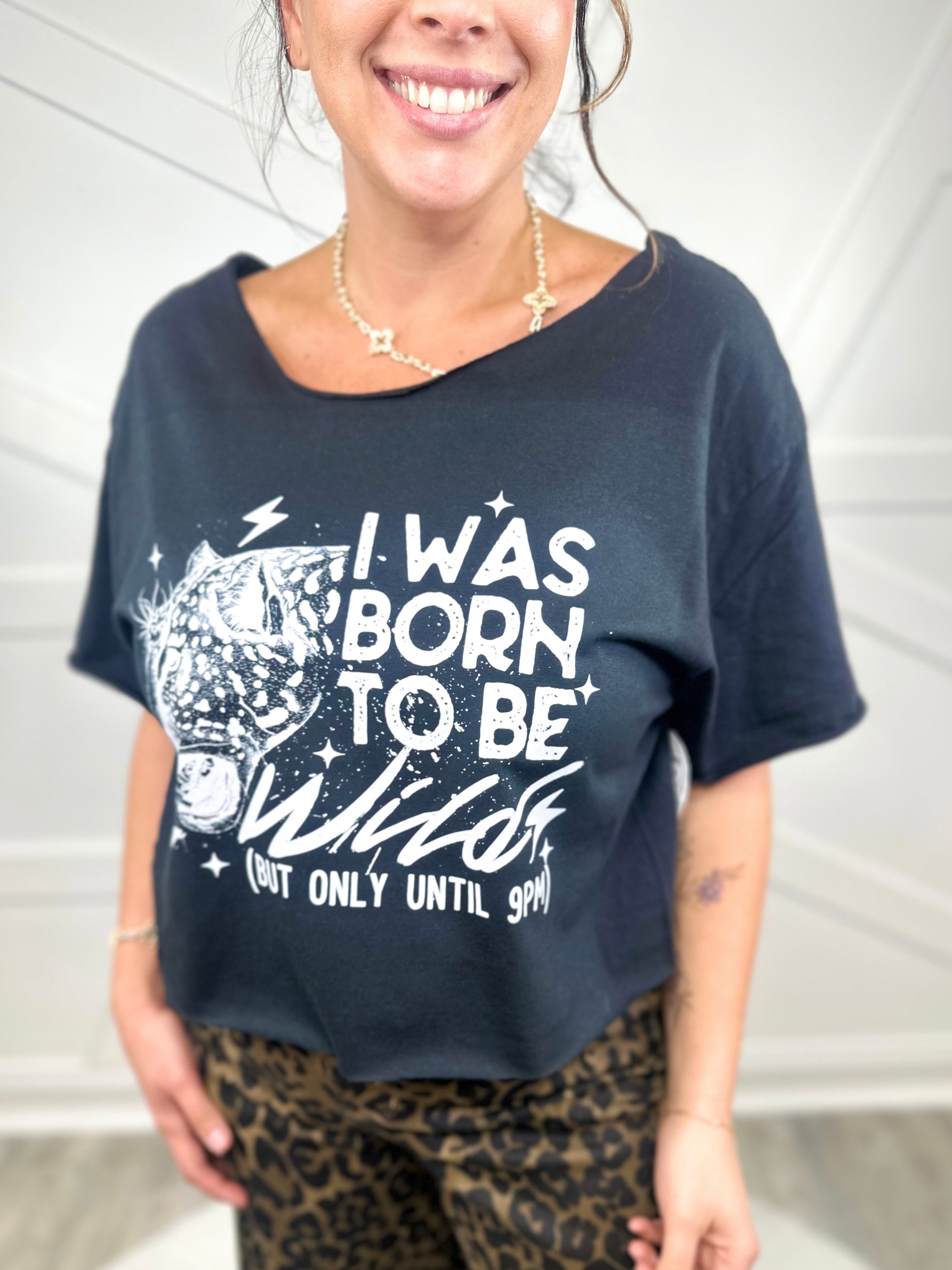 Custom Cropped Wild Until 9 Graphic Tee- White Text-130 Graphic Tees-Heathered Boho-Heathered Boho Boutique, Women's Fashion and Accessories in Palmetto, FL