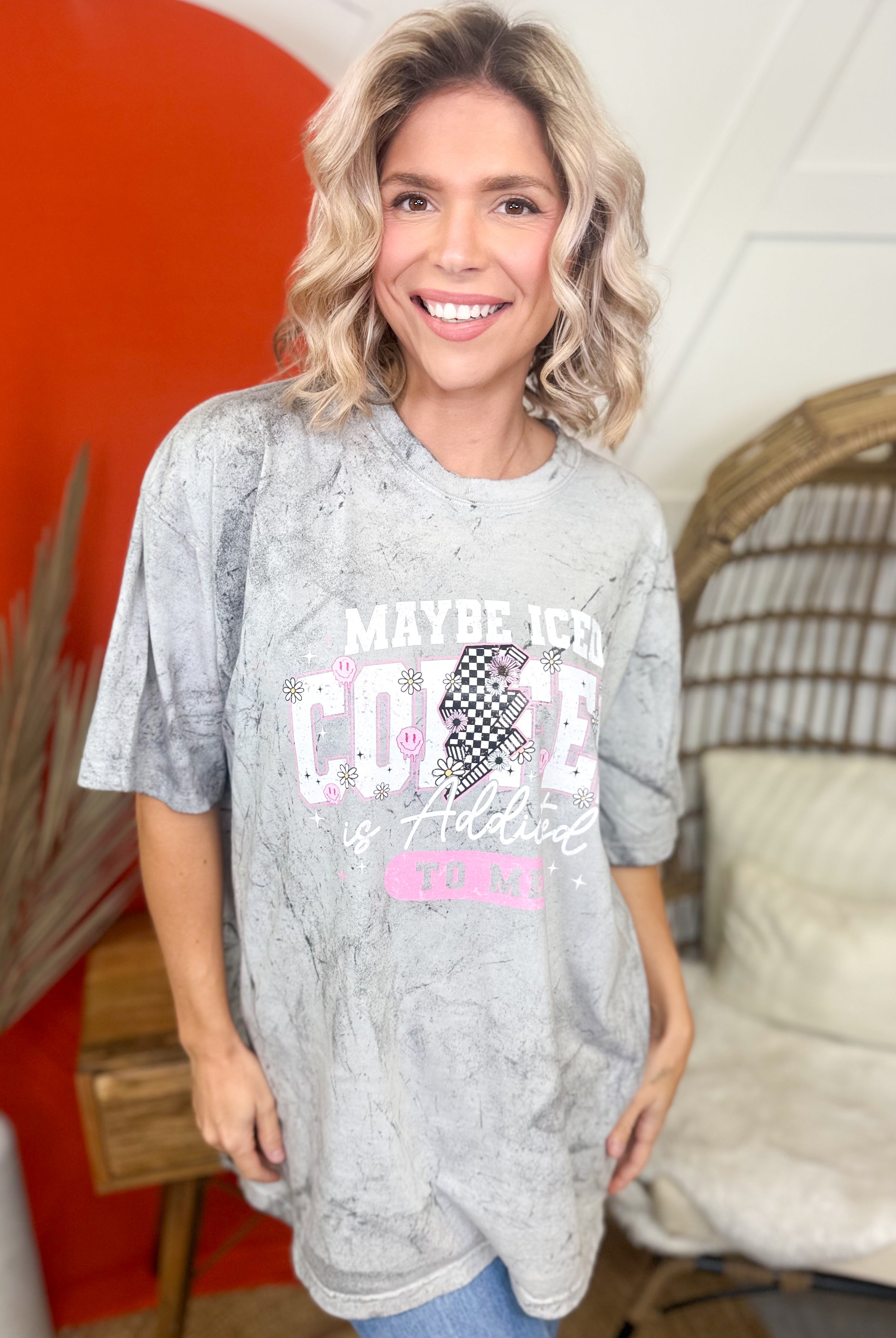 Maybe Iced Coffee is Addicted To Me Graphic Tee-130 Graphic Tees-Heathered Boho-Heathered Boho Boutique, Women's Fashion and Accessories in Palmetto, FL