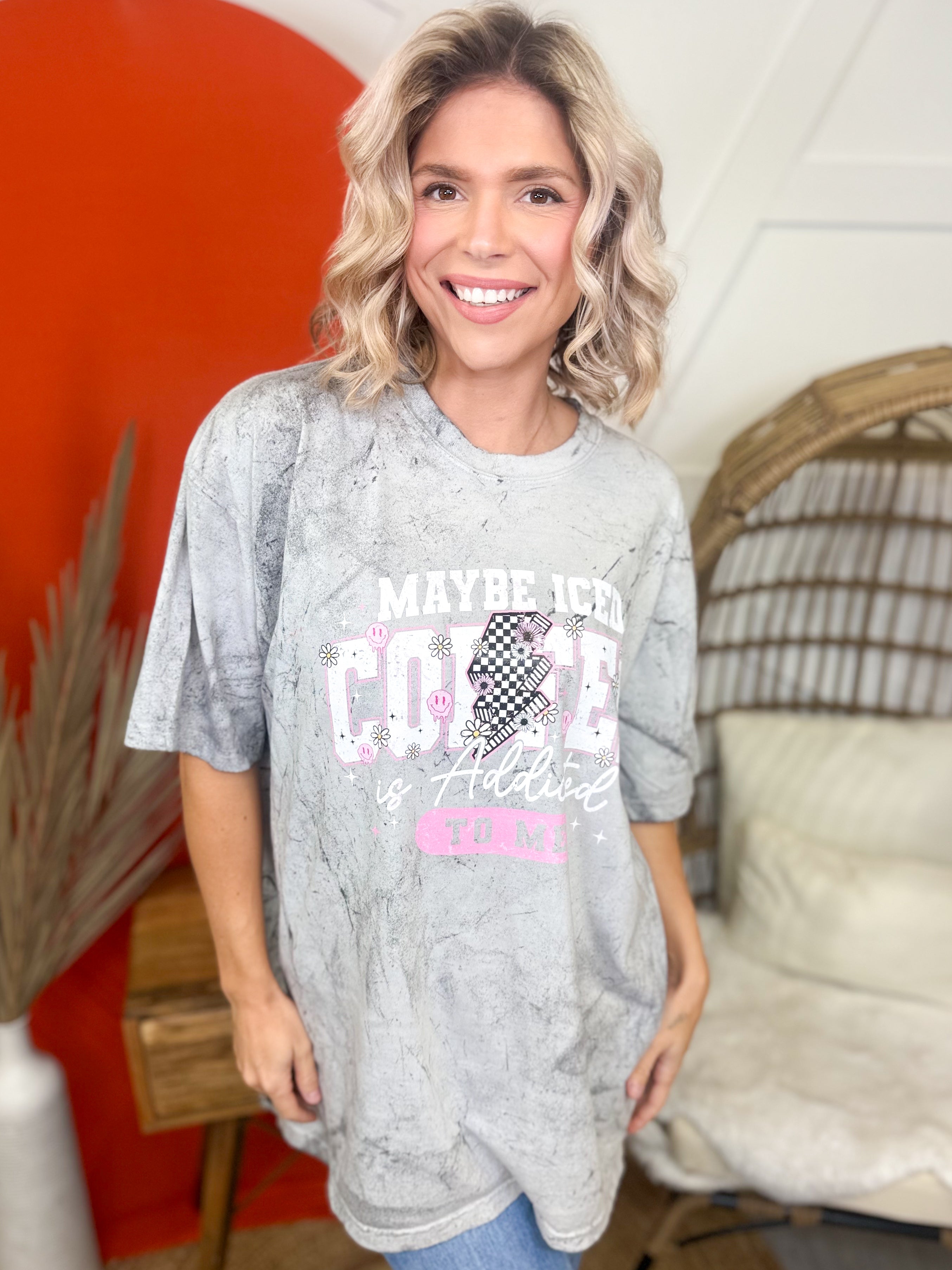 Maybe Iced Coffee is Addicted To Me Graphic Tee-130 Graphic Tees-Heathered Boho-Heathered Boho Boutique, Women's Fashion and Accessories in Palmetto, FL