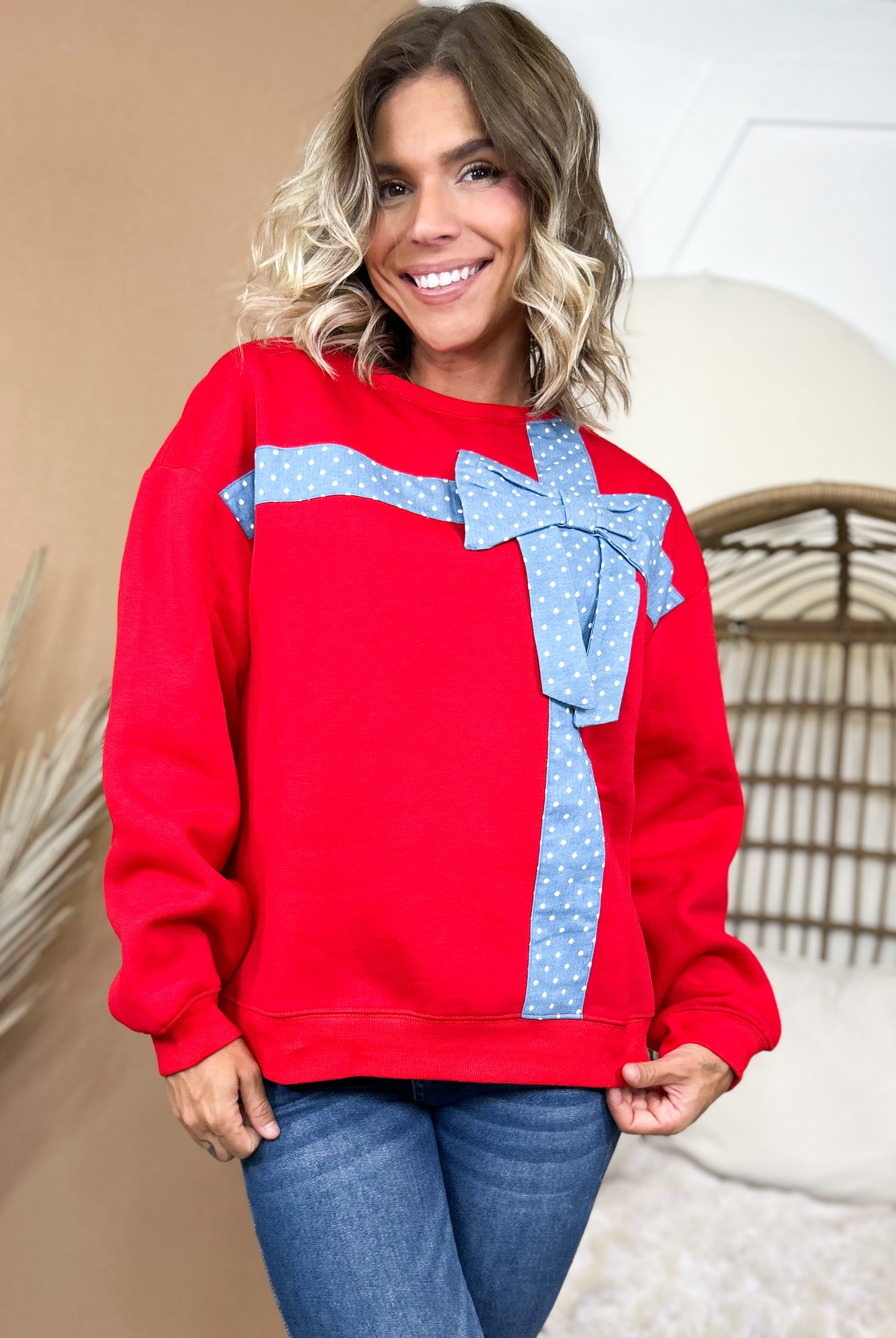 Wrapped Up In You Bow Sweatshirt-125 SWEATER-HEIMISH-Heathered Boho Boutique, Women's Fashion and Accessories in Palmetto, FL