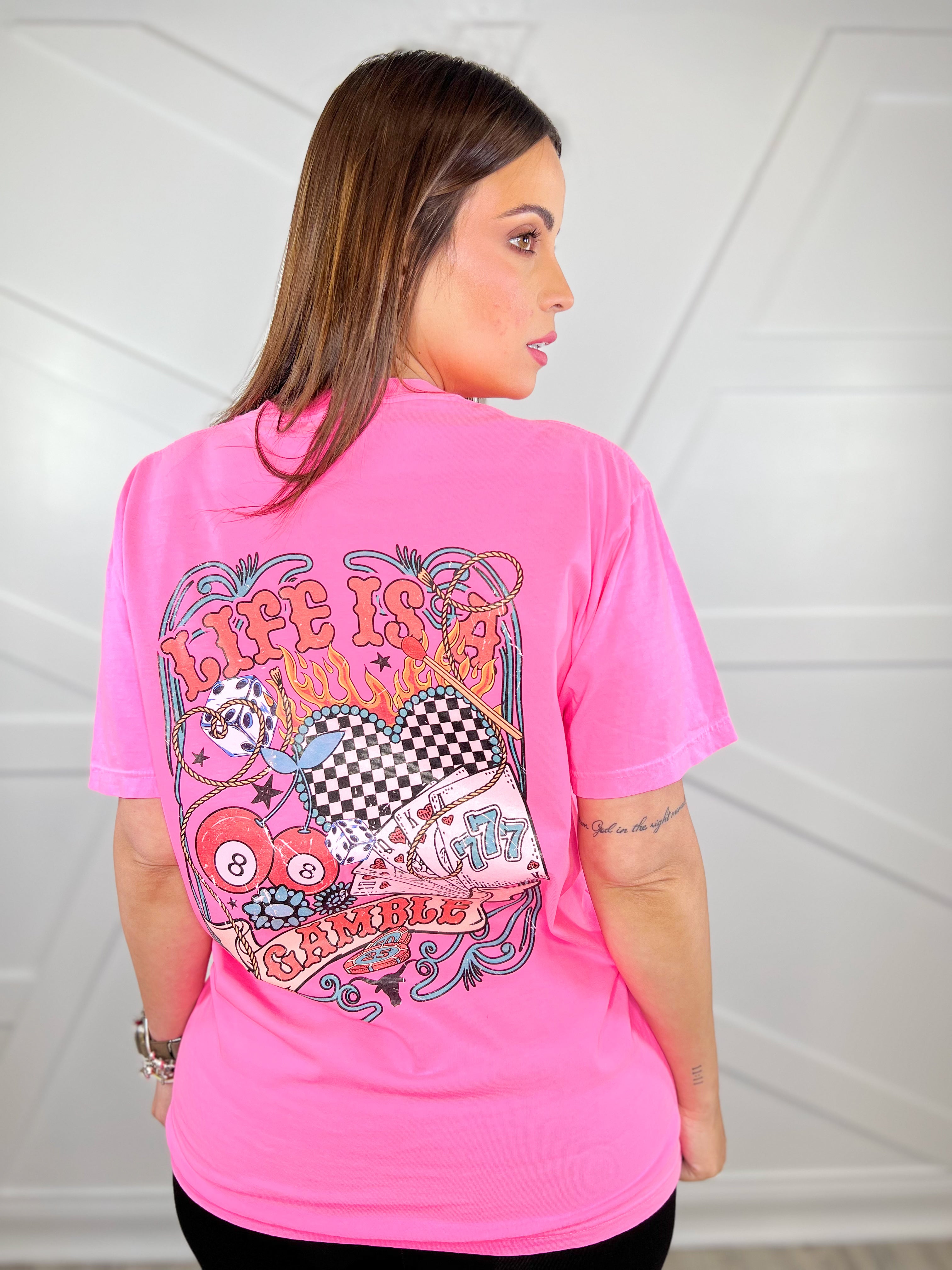 Life Is A Gamble Graphic Tee - Neon Pink-130 Graphic Tees-Heathered Boho-Heathered Boho Boutique, Women's Fashion and Accessories in Palmetto, FL