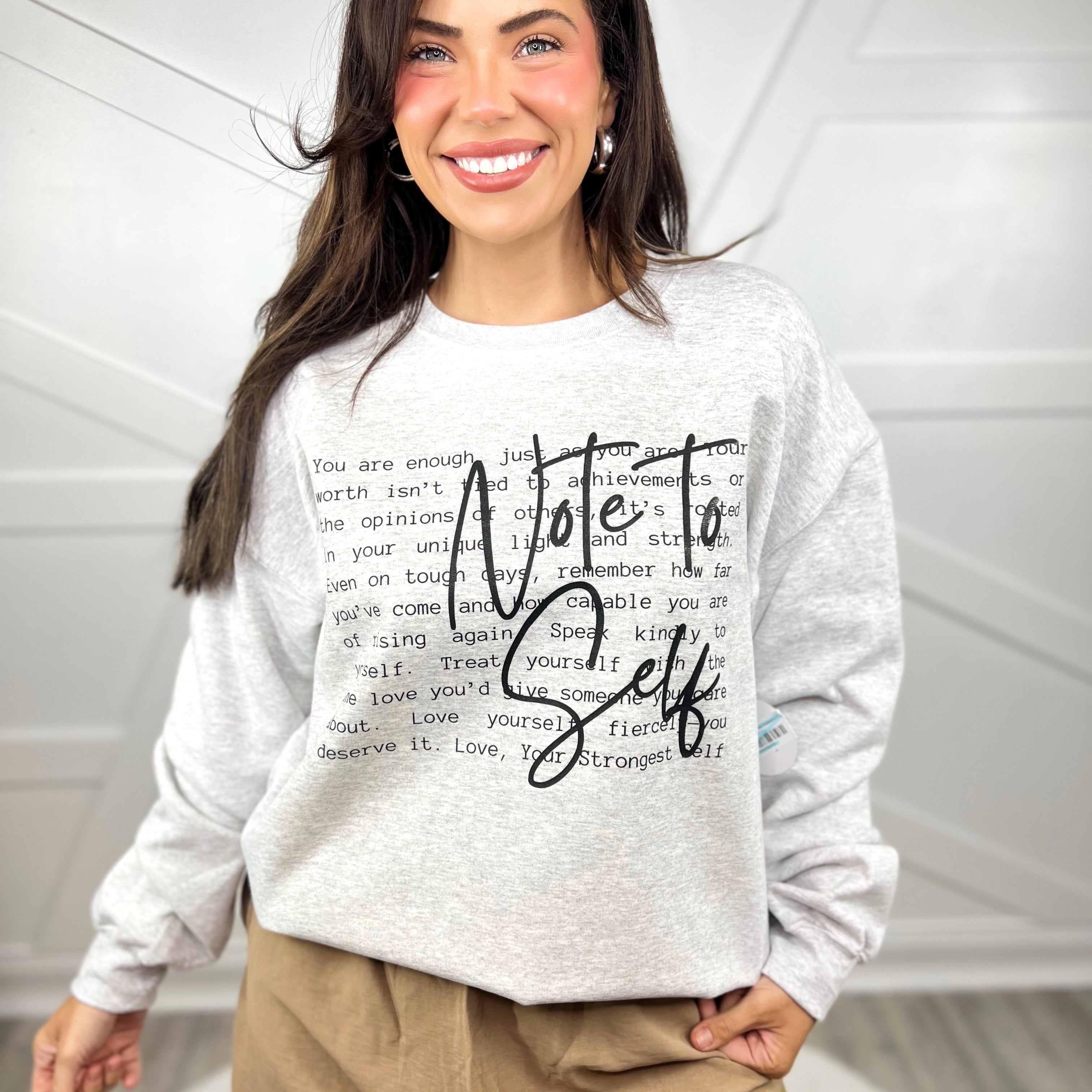 Note To Self Graphic Crewneck Sweatshirt-130 Graphic Tees-Heathered Boho-Heathered Boho Boutique, Women's Fashion and Accessories in Palmetto, FL