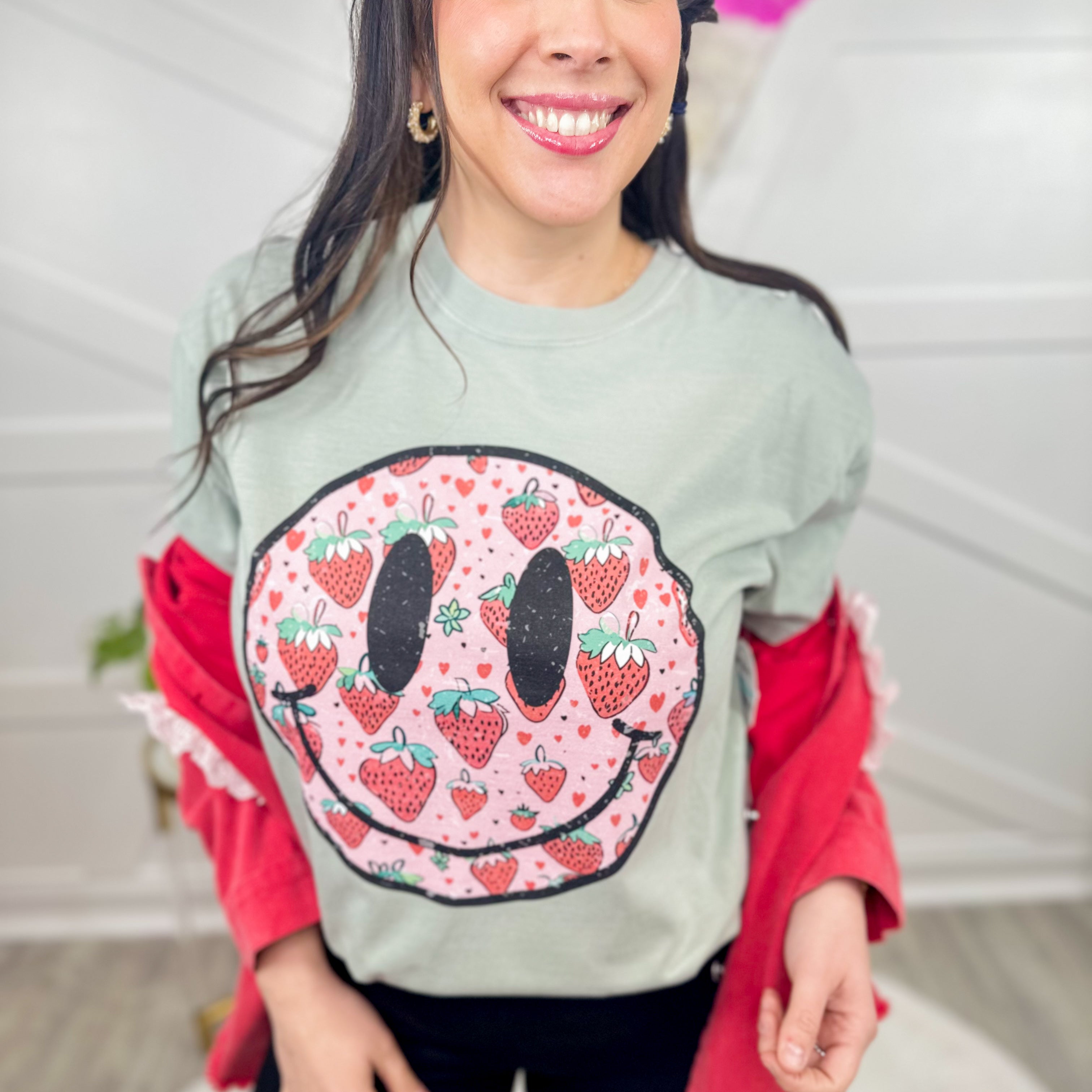 Strawberry Smiley Face Graphic Tee-130 Graphic Tees-Heathered Boho-Heathered Boho Boutique, Women's Fashion and Accessories in Palmetto, FL