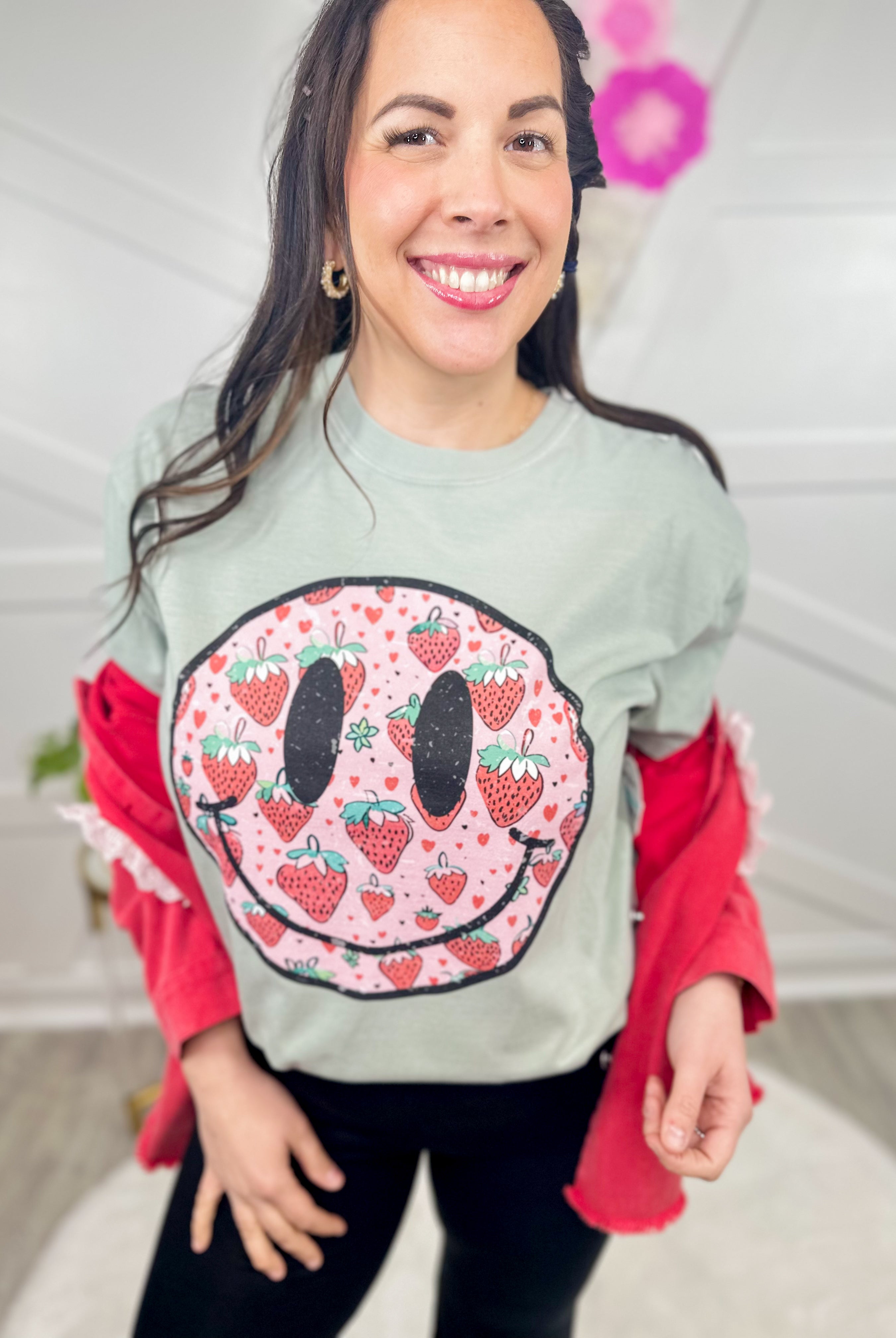 Strawberry Smiley Face Graphic Tee-130 Graphic Tees-Heathered Boho-Heathered Boho Boutique, Women's Fashion and Accessories in Palmetto, FL