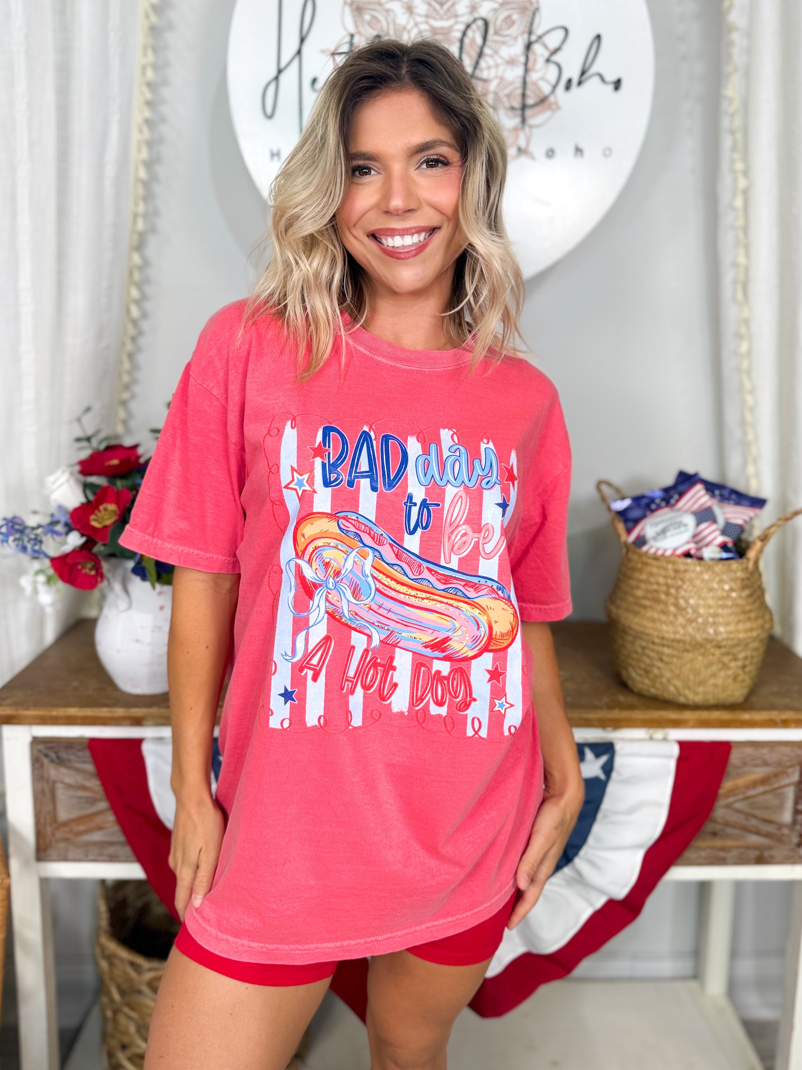 Bad Day to be a Hotdog Graphic Tee-130 Graphic Tees-Heathered Boho-Heathered Boho Boutique, Women's Fashion and Accessories in Palmetto, FL