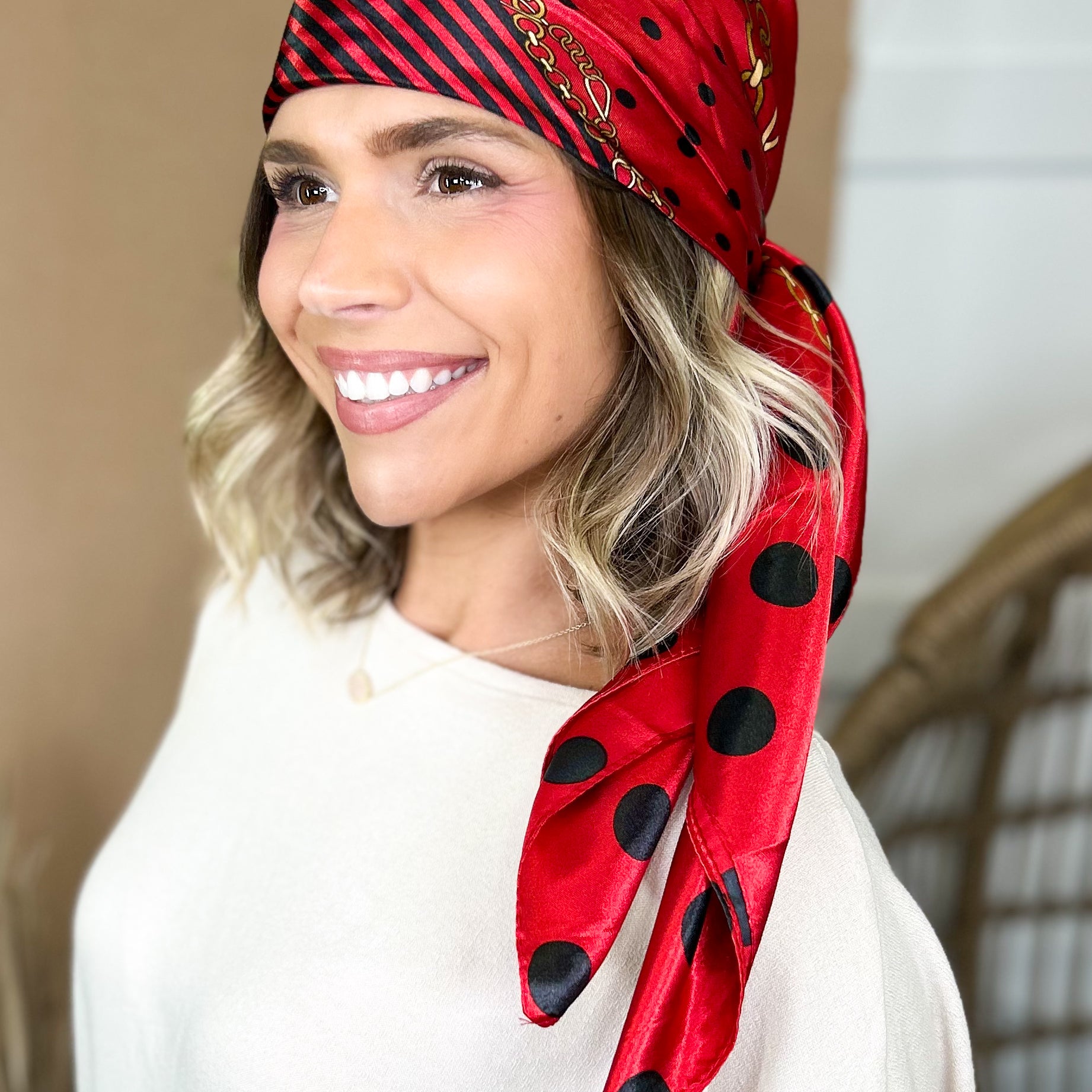 Dots & Chain Pattern Luxe Satin Head Scarf-340 Other Accessories-Heathered Boho-Heathered Boho Boutique, Women's Fashion and Accessories in Palmetto, FL