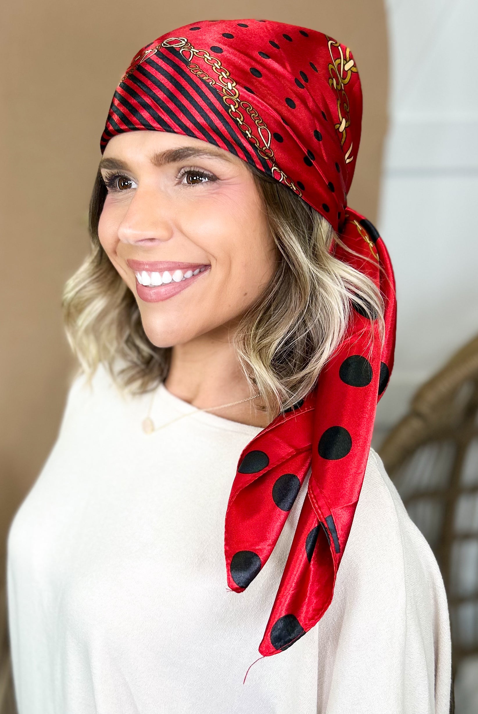 Dots & Chain Pattern Luxe Satin Head Scarf-340 Other Accessories-Heathered Boho-Heathered Boho Boutique, Women's Fashion and Accessories in Palmetto, FL