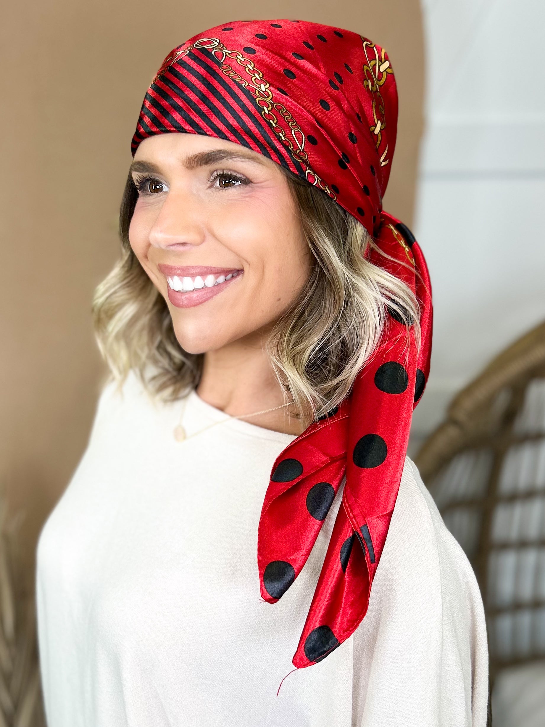 Dots & Chain Pattern Luxe Satin Head Scarf-340 Other Accessories-Heathered Boho-Heathered Boho Boutique, Women's Fashion and Accessories in Palmetto, FL