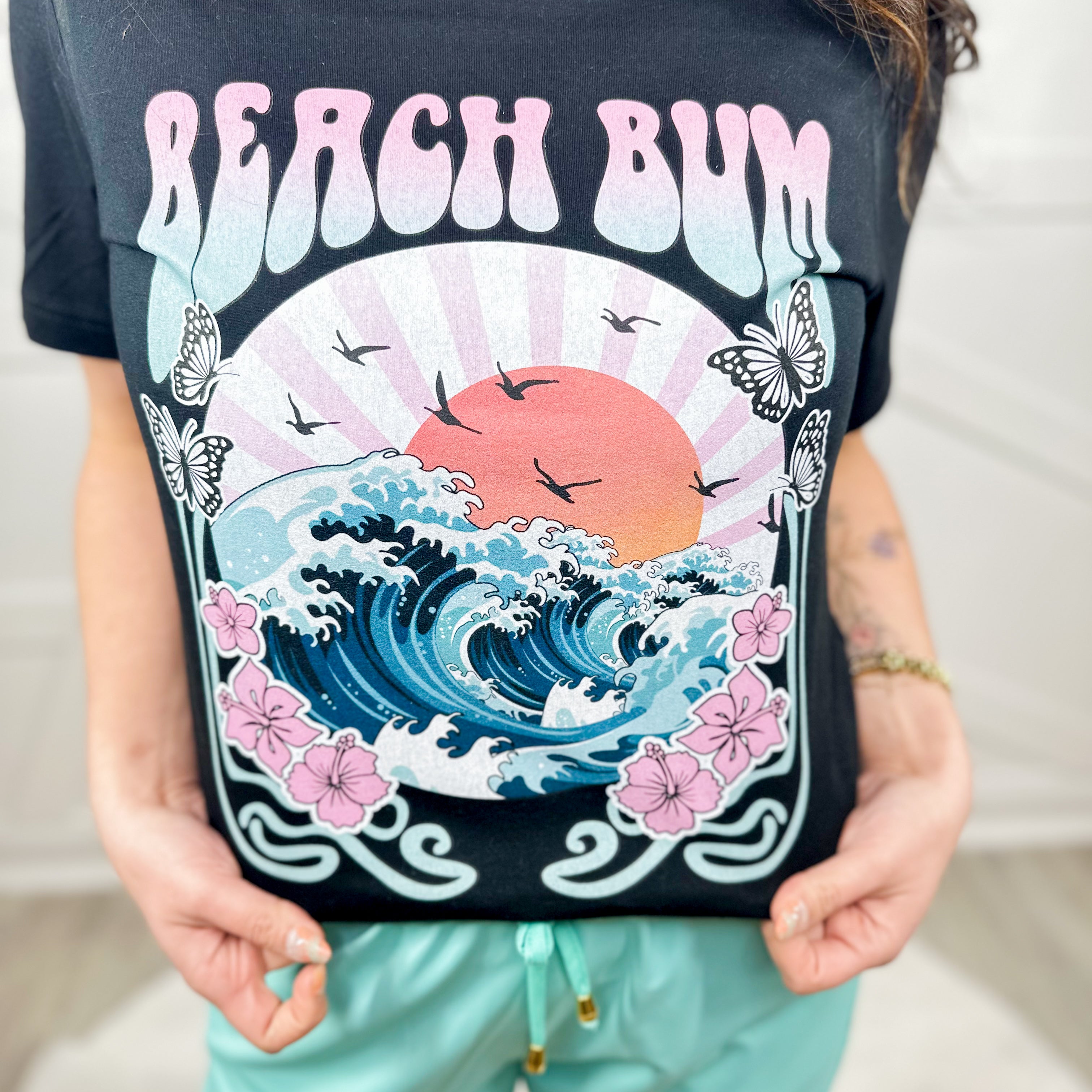 Retro Beach Bum Waves Graphic Tee-130 Graphic Tees-Heathered Boho-Heathered Boho Boutique, Women's Fashion and Accessories in Palmetto, FL