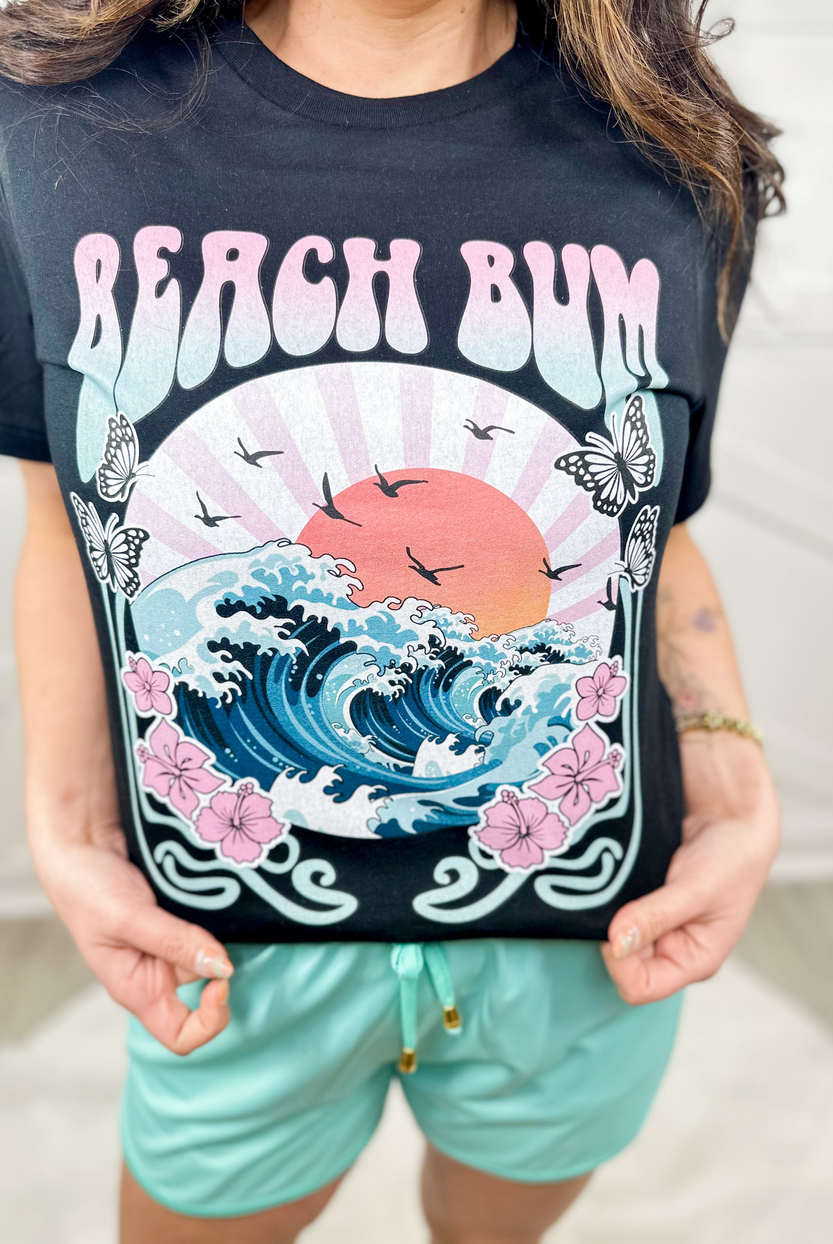 Retro Beach Bum Waves Graphic Tee-130 Graphic Tees-Heathered Boho-Heathered Boho Boutique, Women's Fashion and Accessories in Palmetto, FL