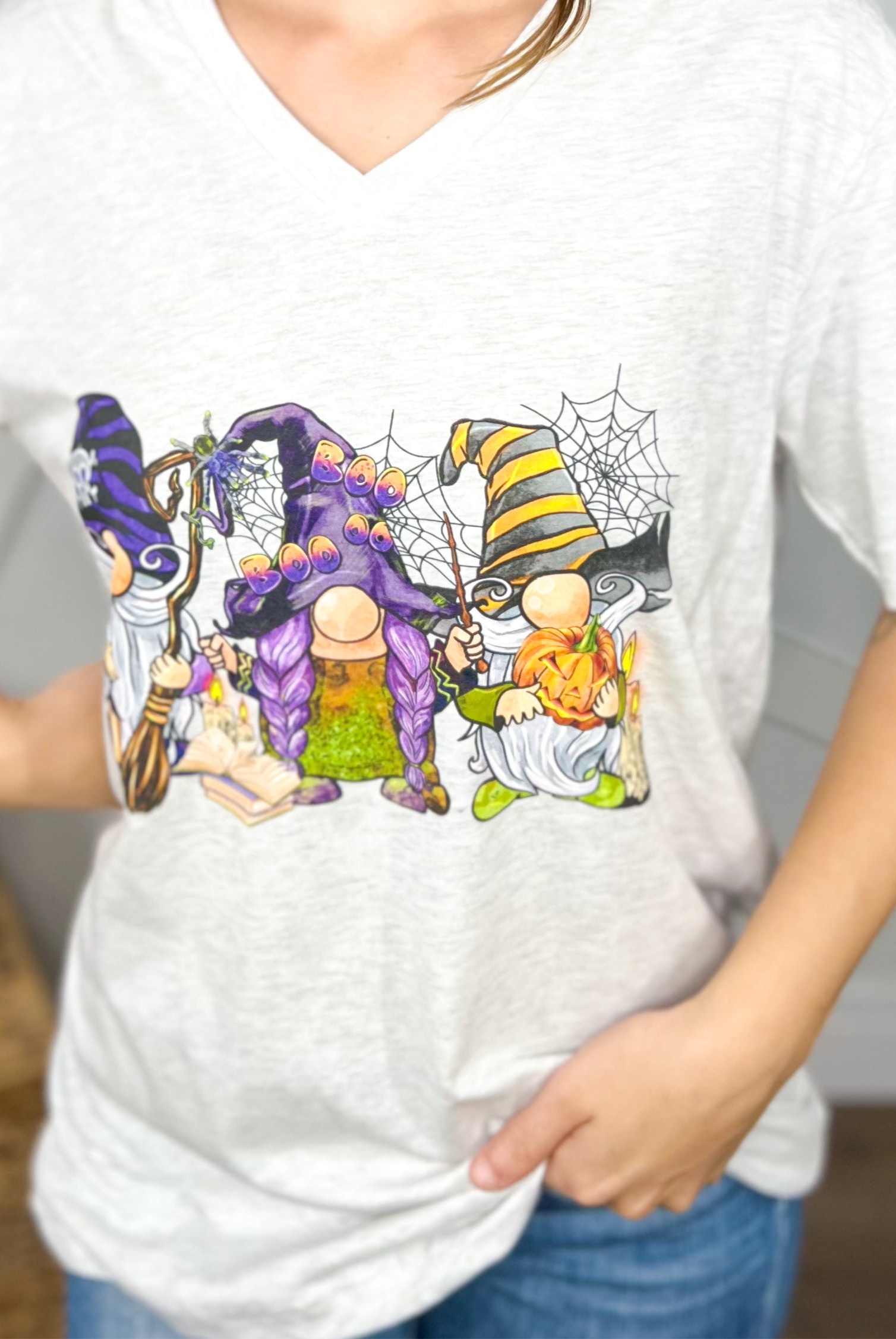 Halloween Gnomes Graphic Tee-130 Graphic Tees-Heathered Boho-Heathered Boho Boutique, Women's Fashion and Accessories in Palmetto, FL