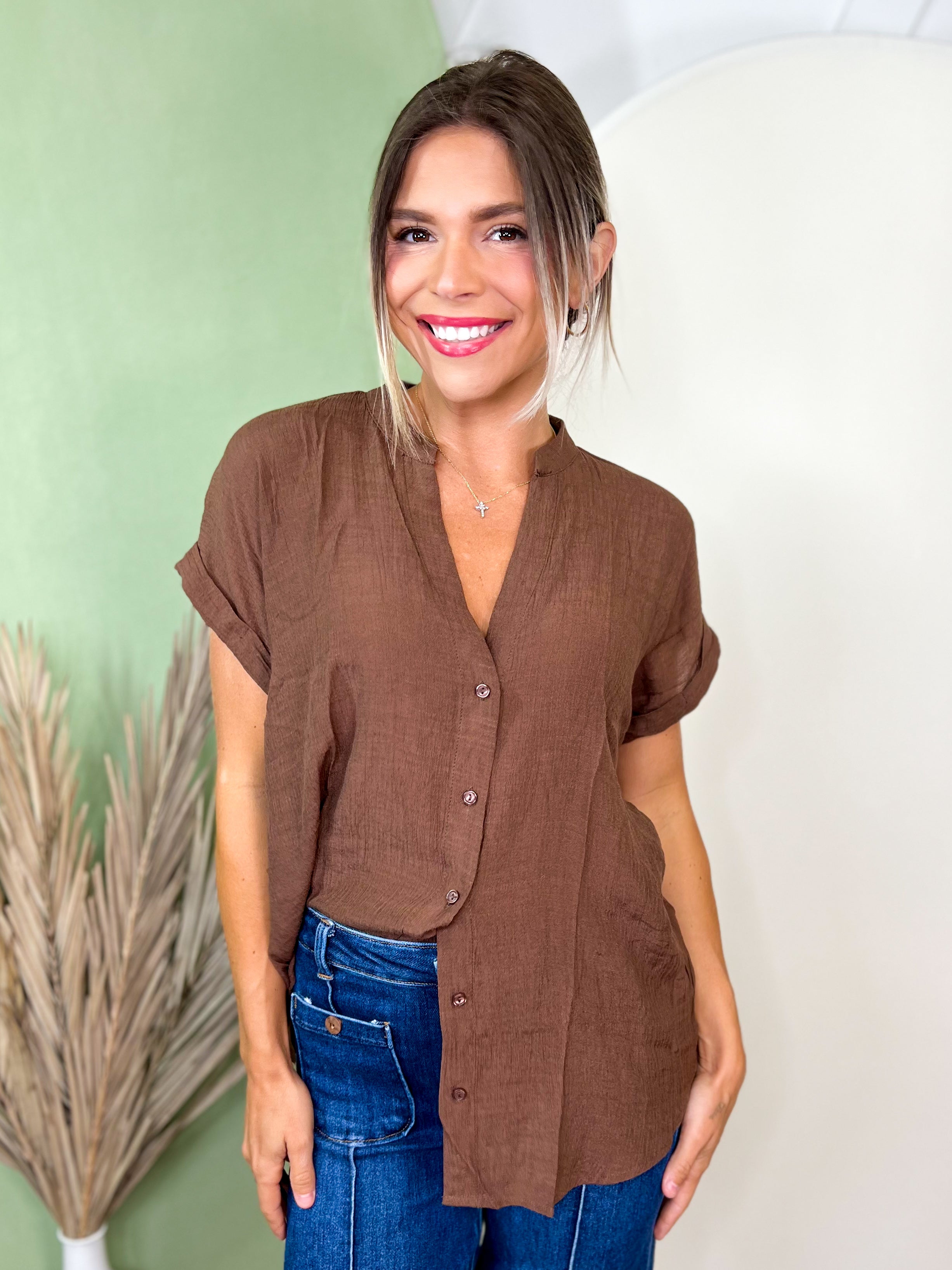 Textured Gauze Button-Front Blouse-110 SHORT SLEEVE TOP-TIMING-Heathered Boho Boutique, Women's Fashion and Accessories in Palmetto, FL