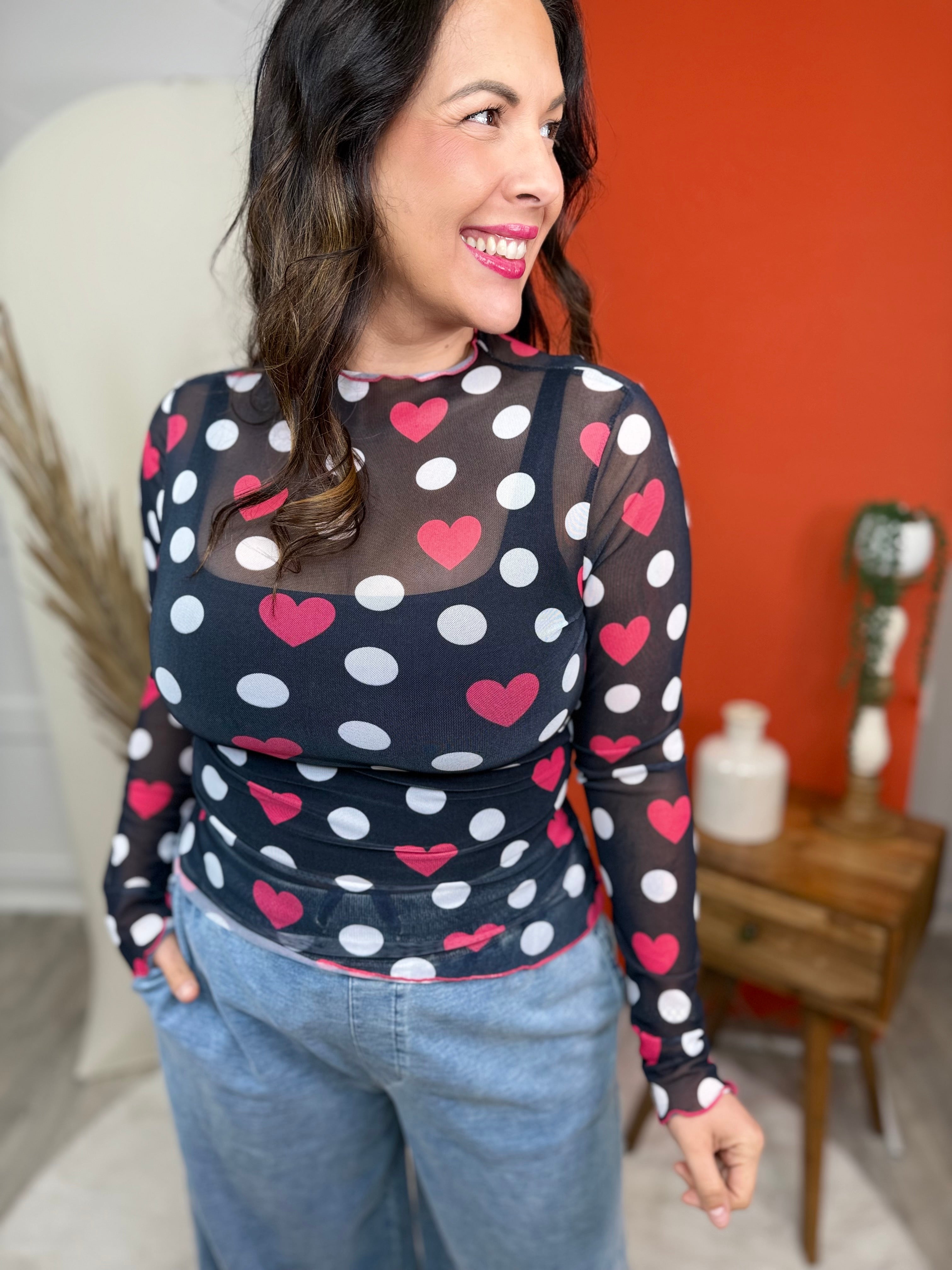 Polka Heart Mesh Top-120 LONG SLEEVE TOPS-Nylon Apparel-Heathered Boho Boutique, Women's Fashion and Accessories in Palmetto, FL