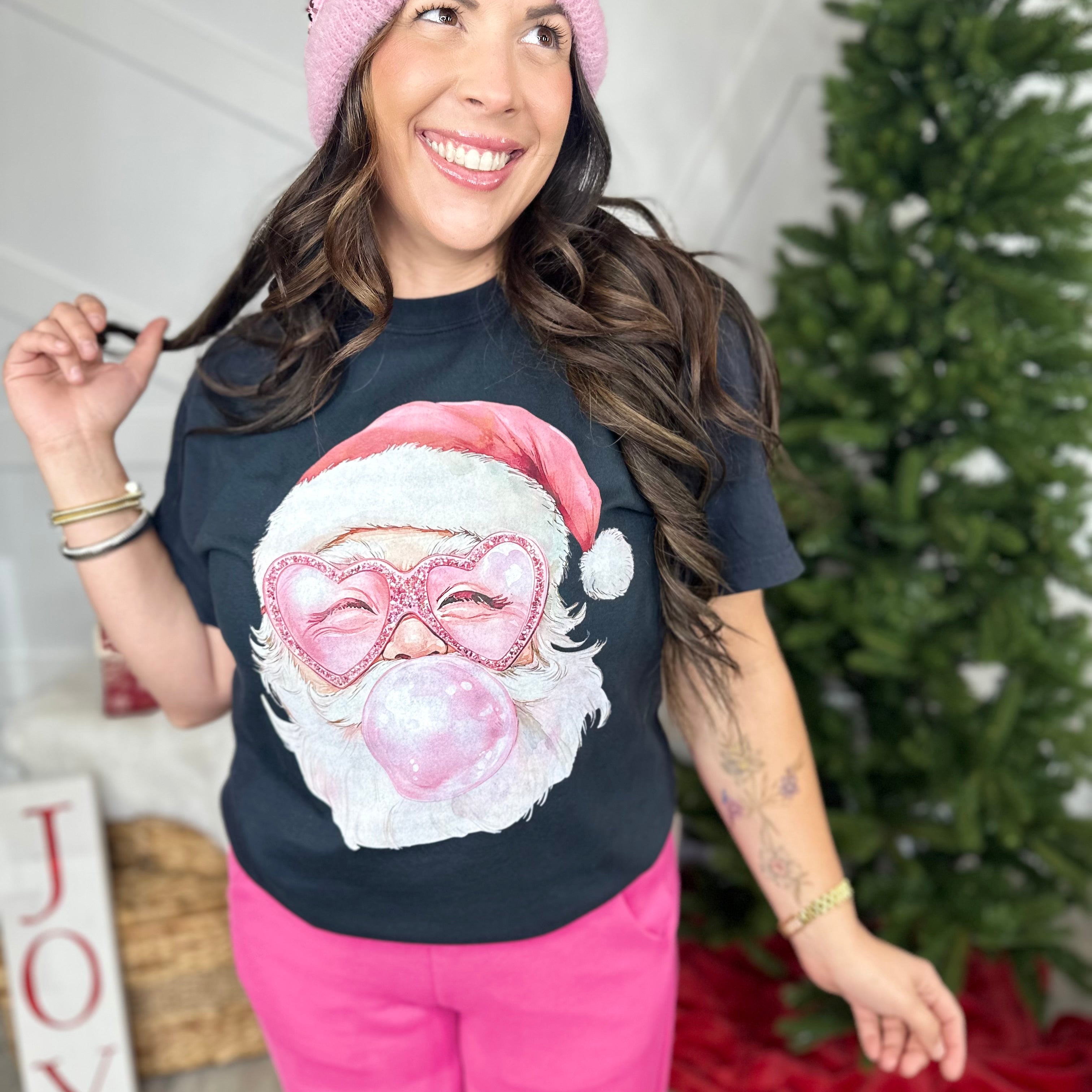 Bubble Gum Santa Graphic Tee-130 Graphic Tees-Heathered Boho-Heathered Boho Boutique, Women's Fashion and Accessories in Palmetto, FL
