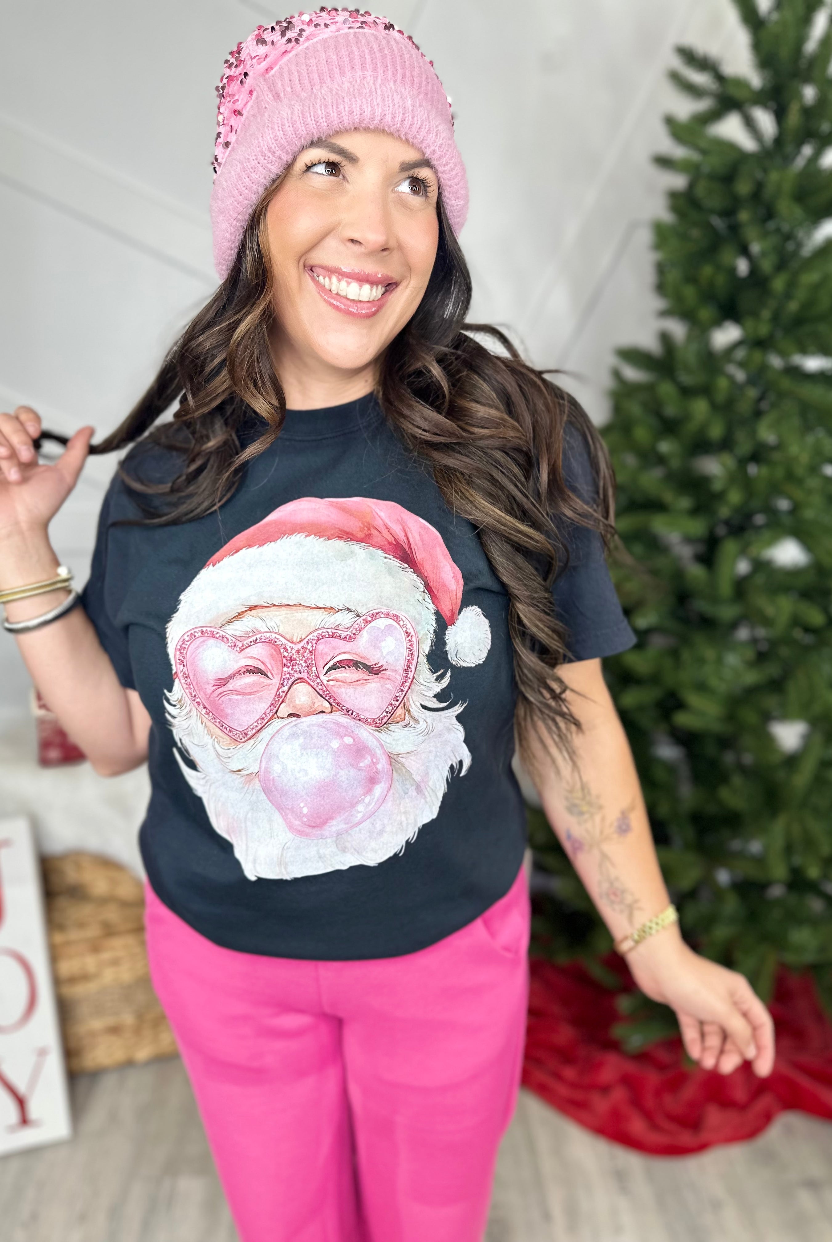 Bubble Gum Santa Graphic Tee-130 Graphic Tees-Heathered Boho-Heathered Boho Boutique, Women's Fashion and Accessories in Palmetto, FL